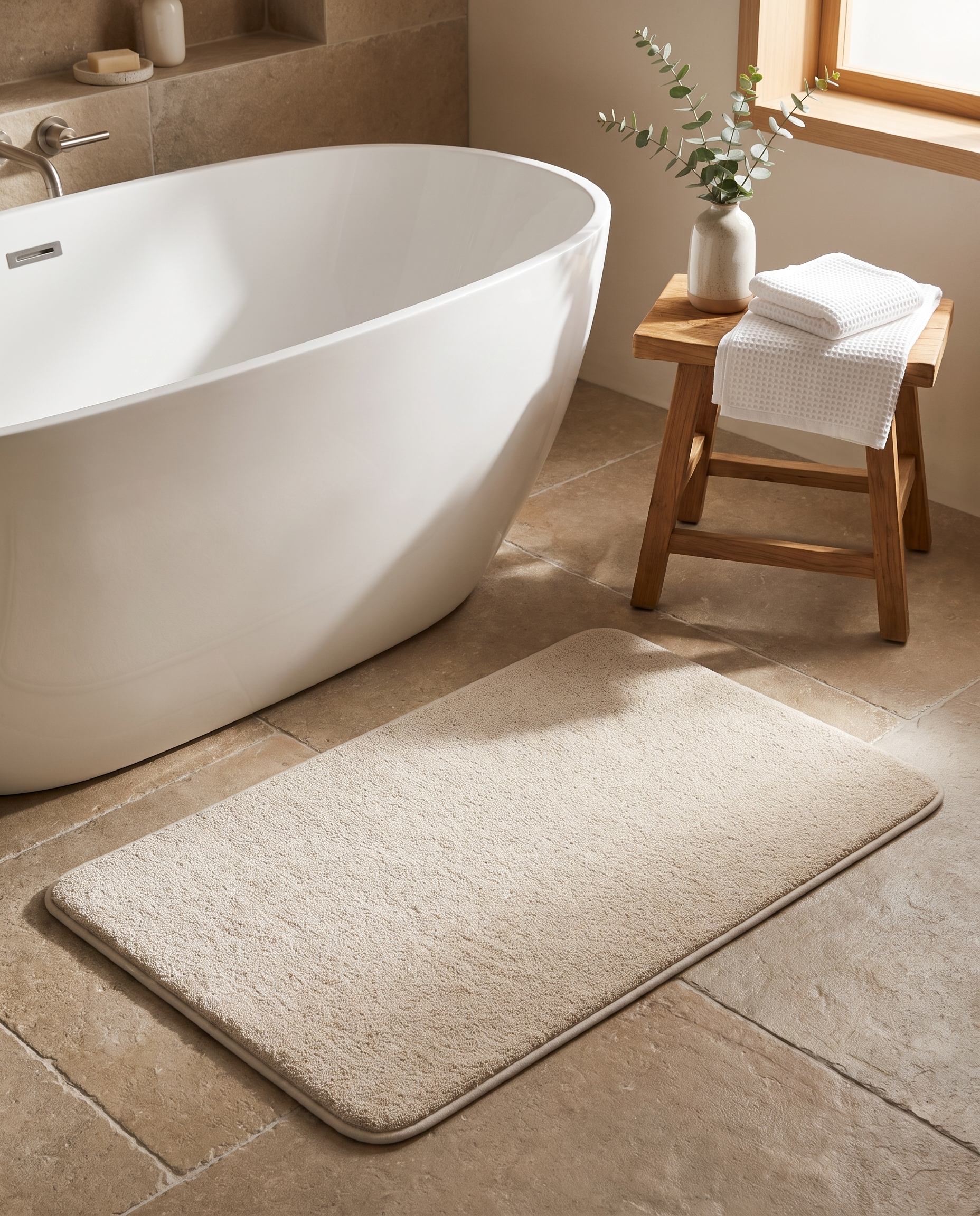 Piuma Soffice beige bath mat beside a freestanding tub in a spa bathroom