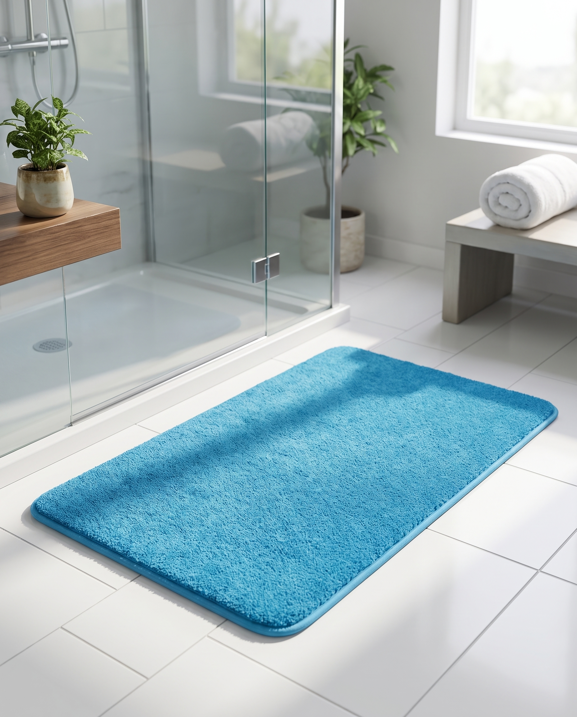 Piuma Soffice blue bath mat in front of a glass walk-in shower