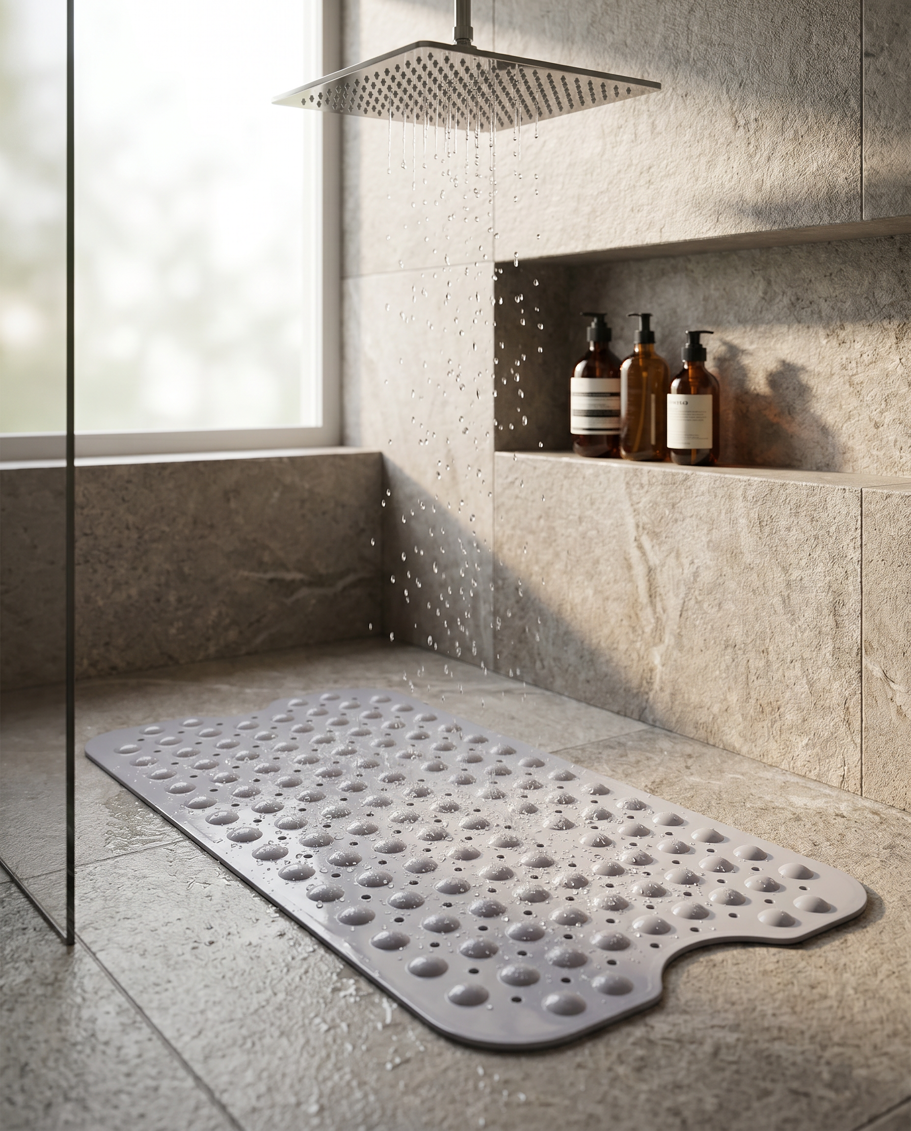 Onda Sicura gray silicone non-slip mat on a walk-in shower floor