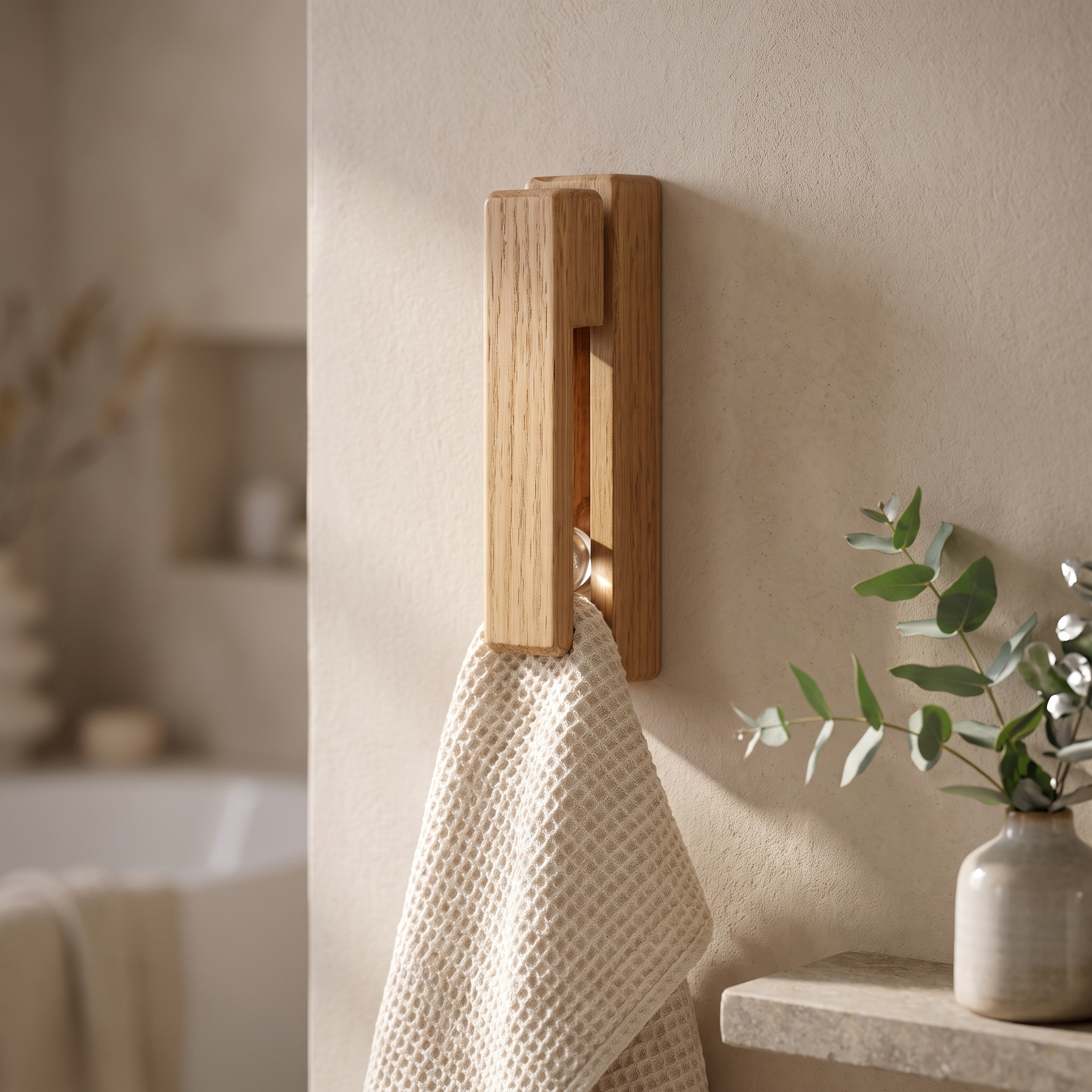 Sfera Serena oak towel hook holding a waffle towel in a spa bathroom