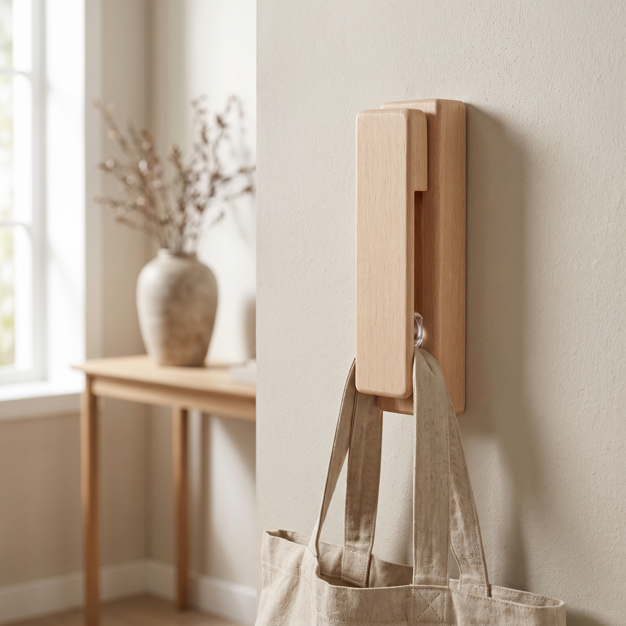 Sfera Serena beech towel hook holding a tote in an entryway