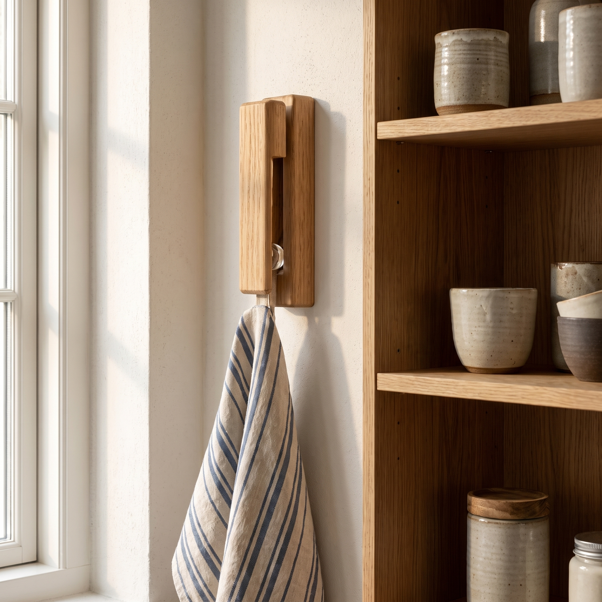 Sfera Serena oak towel hook holding a dish towel in a kitchen