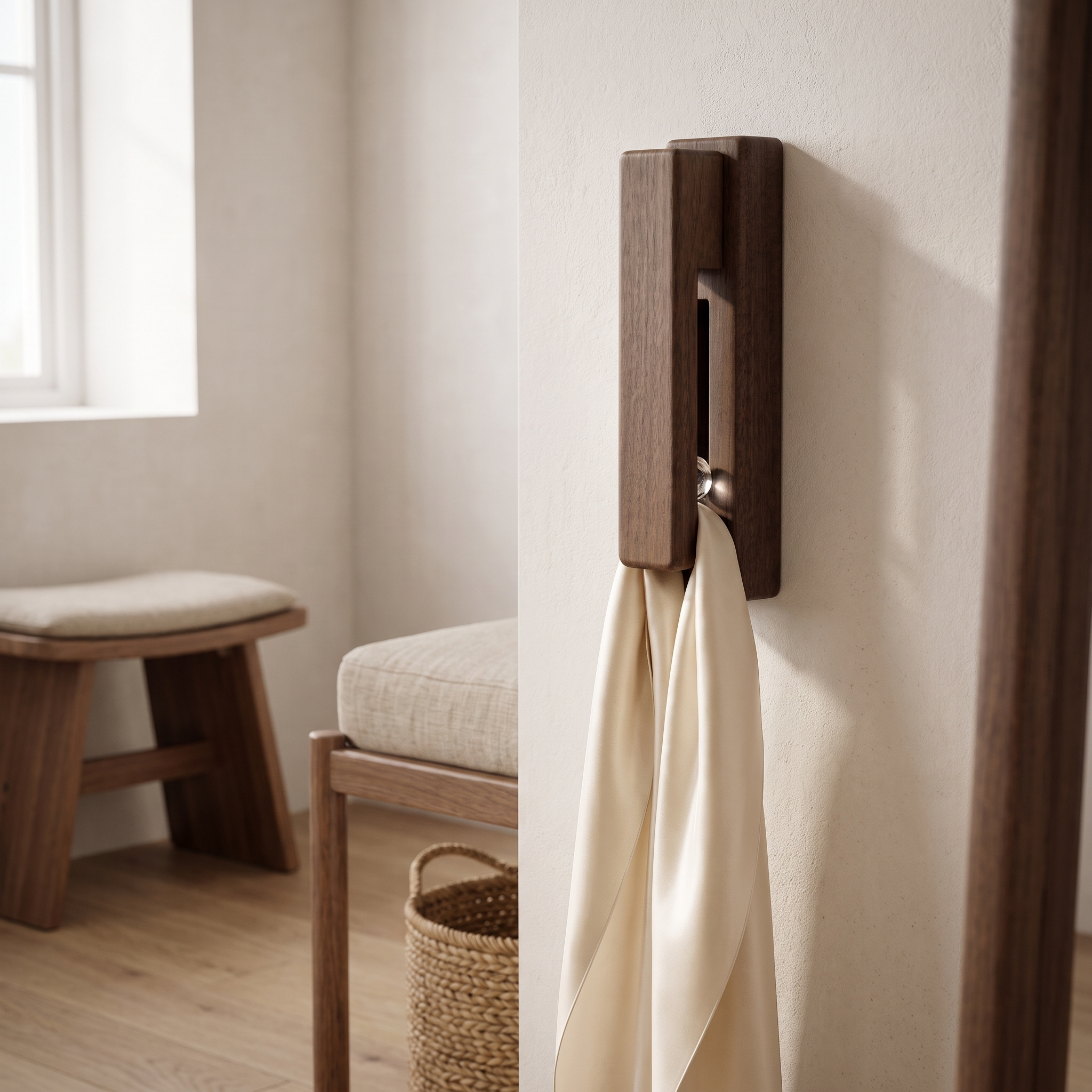 Sfera Serena walnut towel hook in a bedroom dressing corner