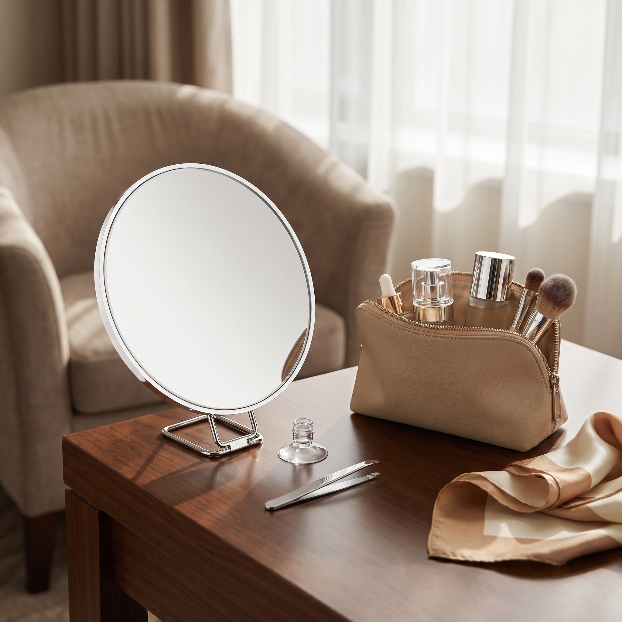 Chiara Vista white makeup mirror on a hotel desk for travel