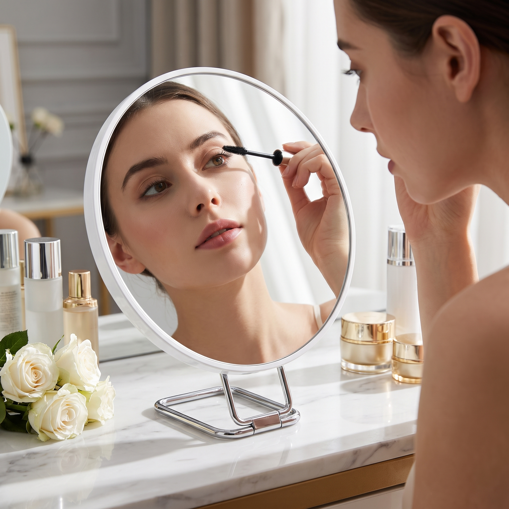 A woman applies mascara using the Chiara Vista white makeup mirror