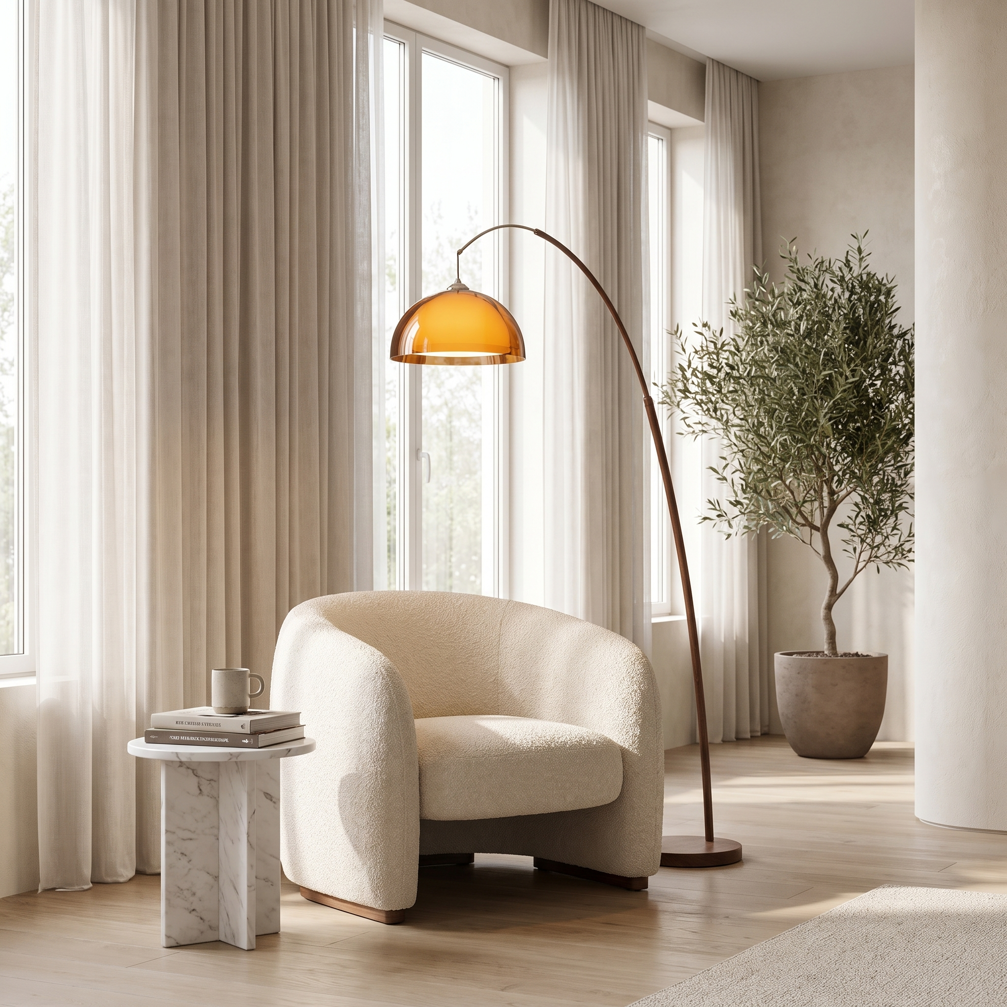 Ventoro arc floor lamp beside a boucle lounge chair in a bright reading corner