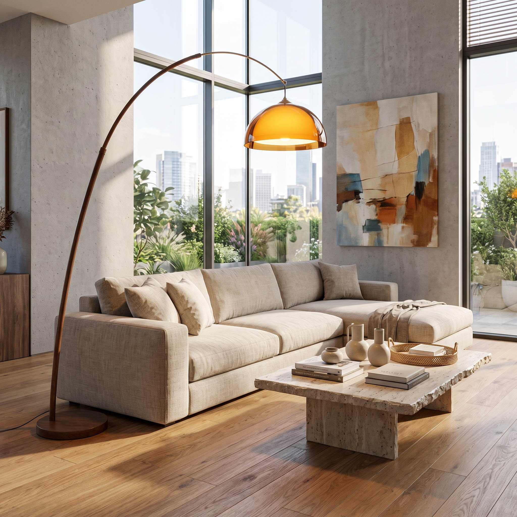Ventoro arc floor lamp over a sofa in a bright open-concept lounge with city views