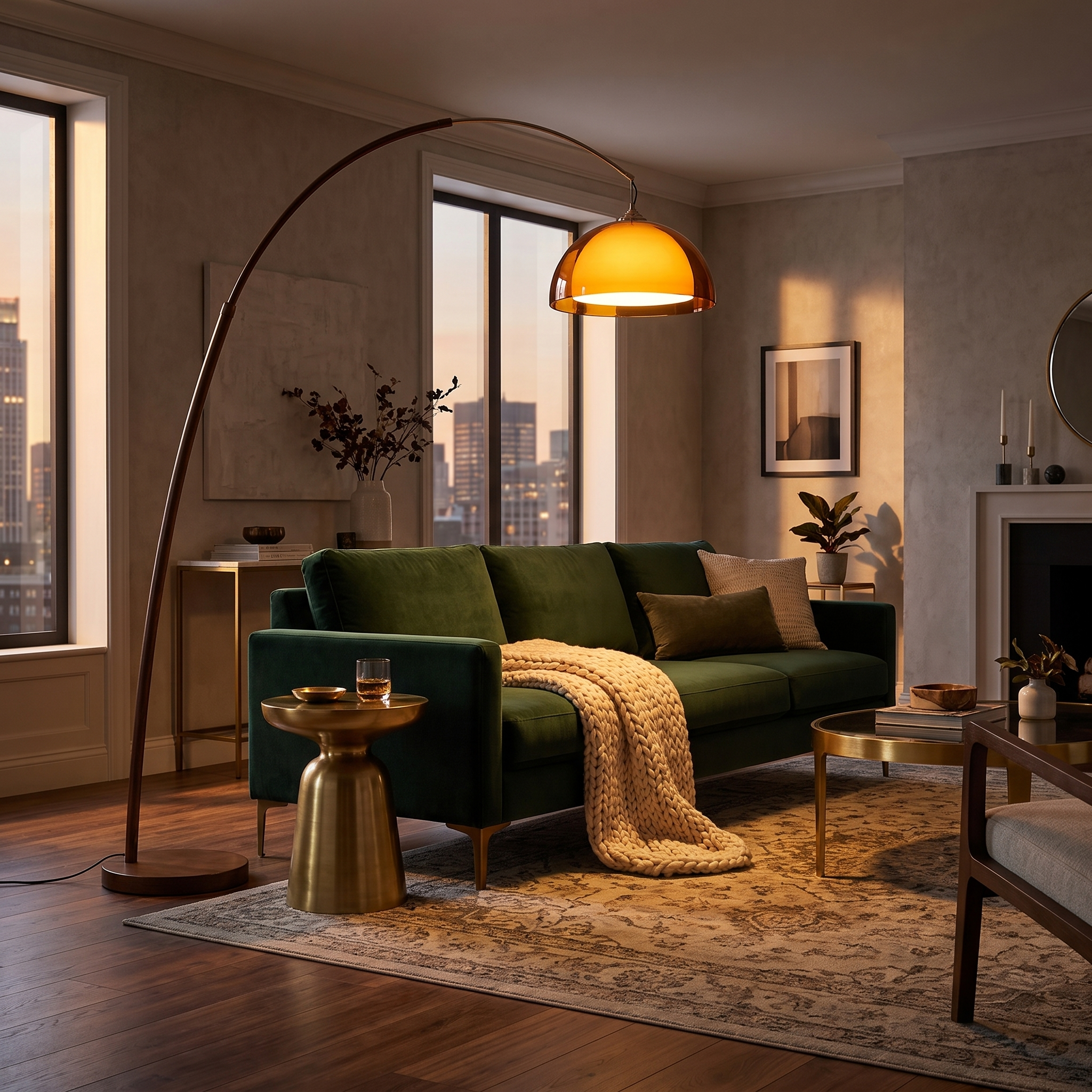 Ventoro arc floor lamp glowing amber over a green velvet sofa at dusk