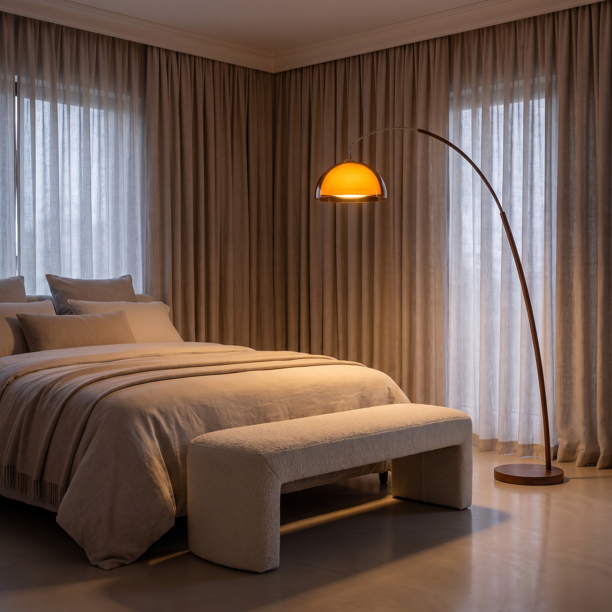 Ventoro arc floor lamp glowing in an elegant bedroom corner in the evening