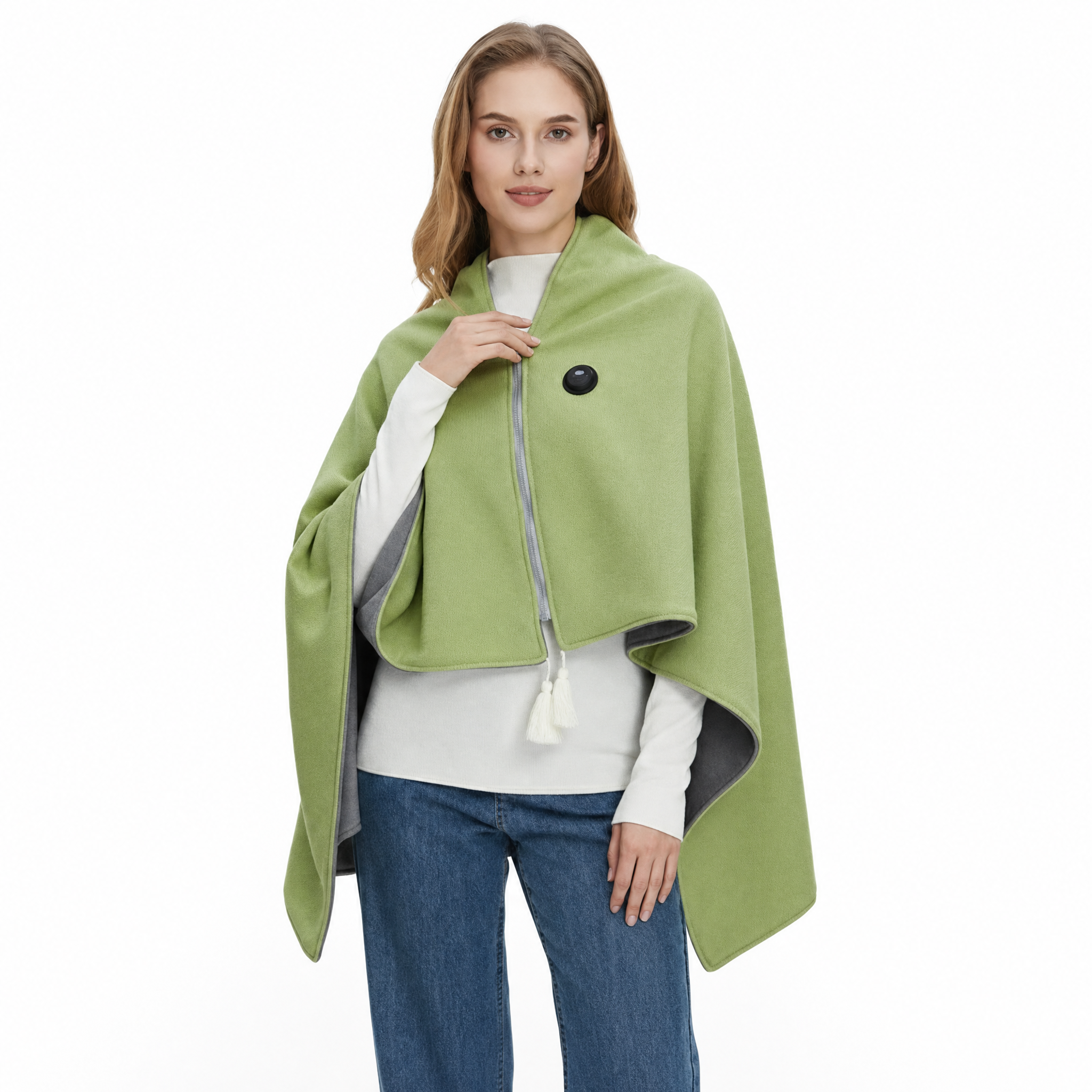 Abbraccio heated shoulder wrap in Salvia green on a white background