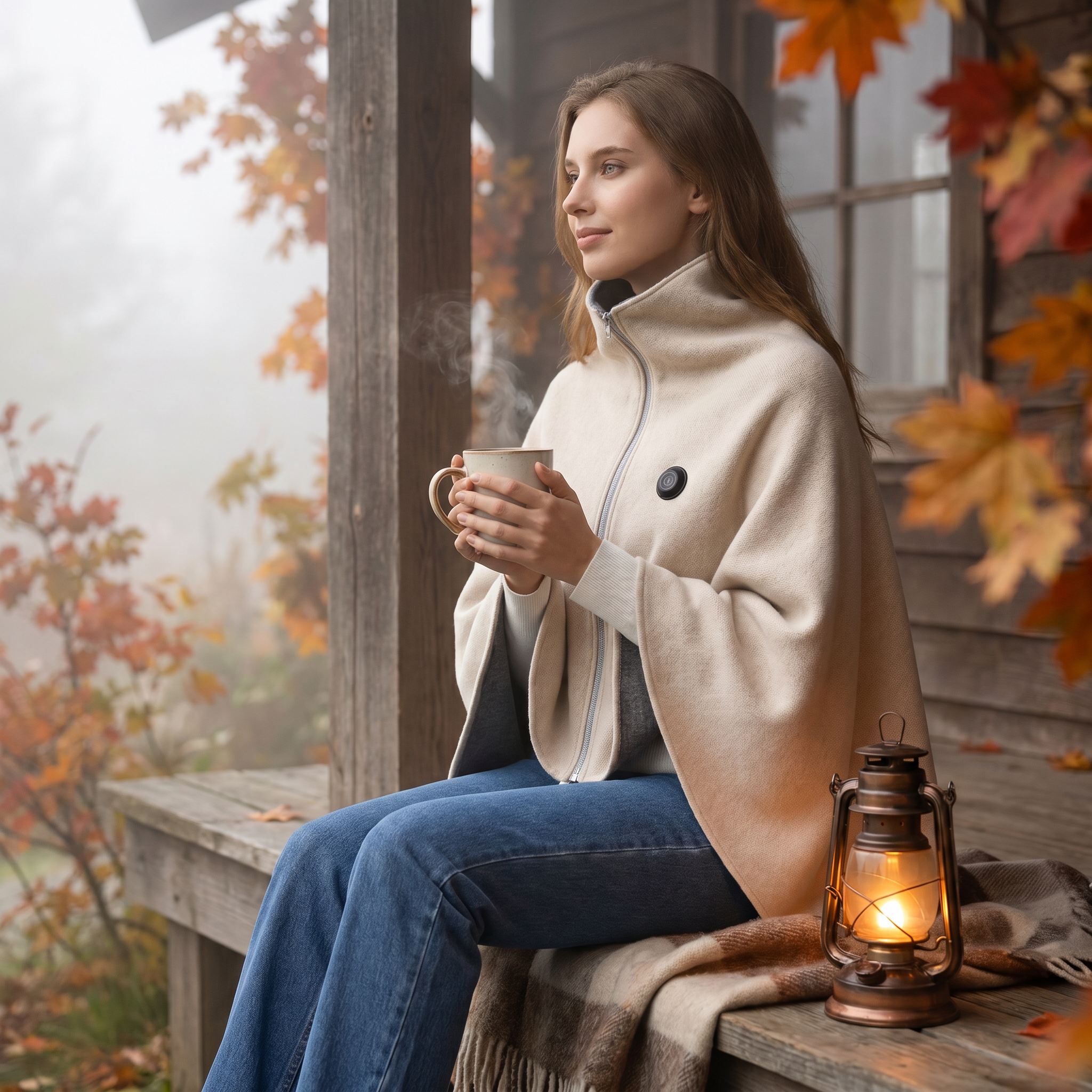 Woman on a porch with a hot drink wearing the Abbraccio cream heated knit wrap