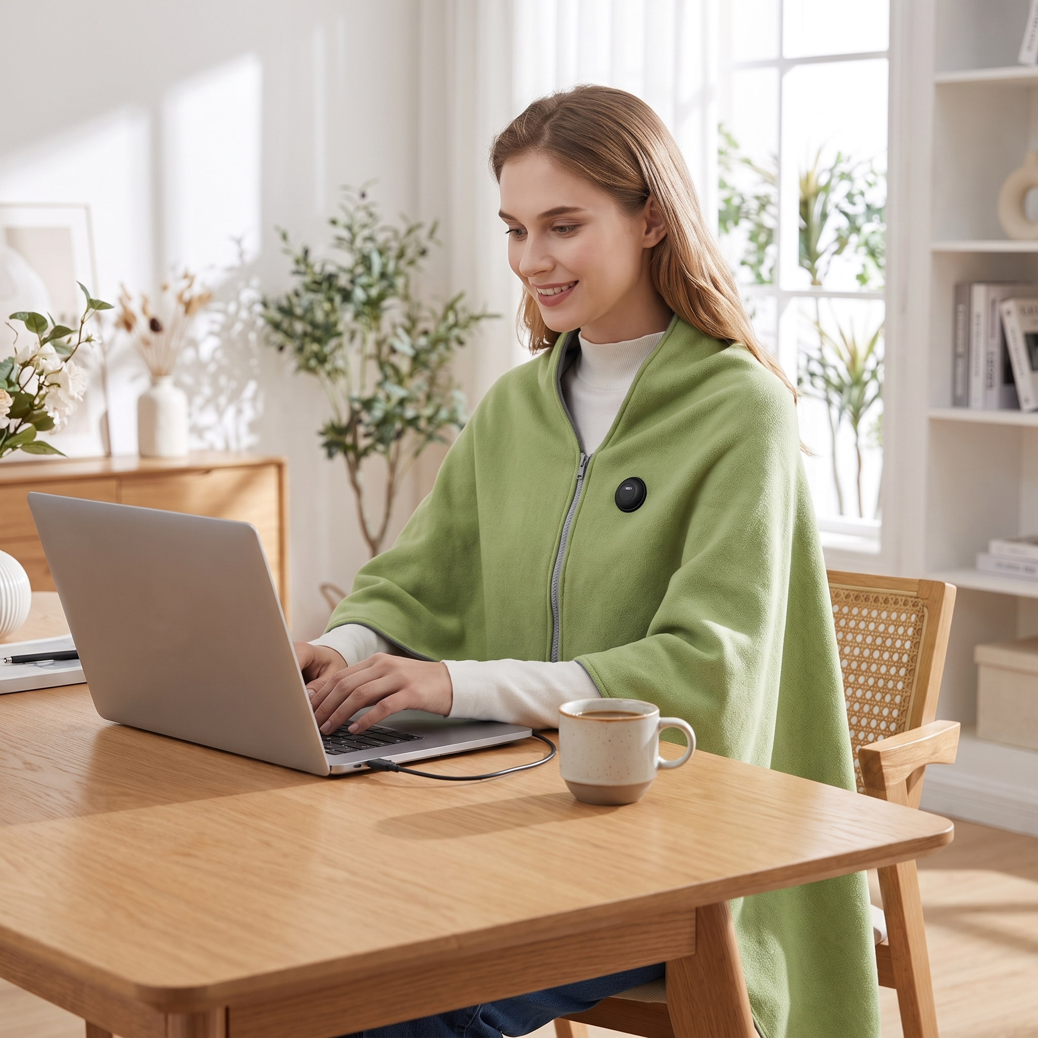 Woman working at a desk wearing the Abbraccio sage-green heated knit wrap plugged into a laptop