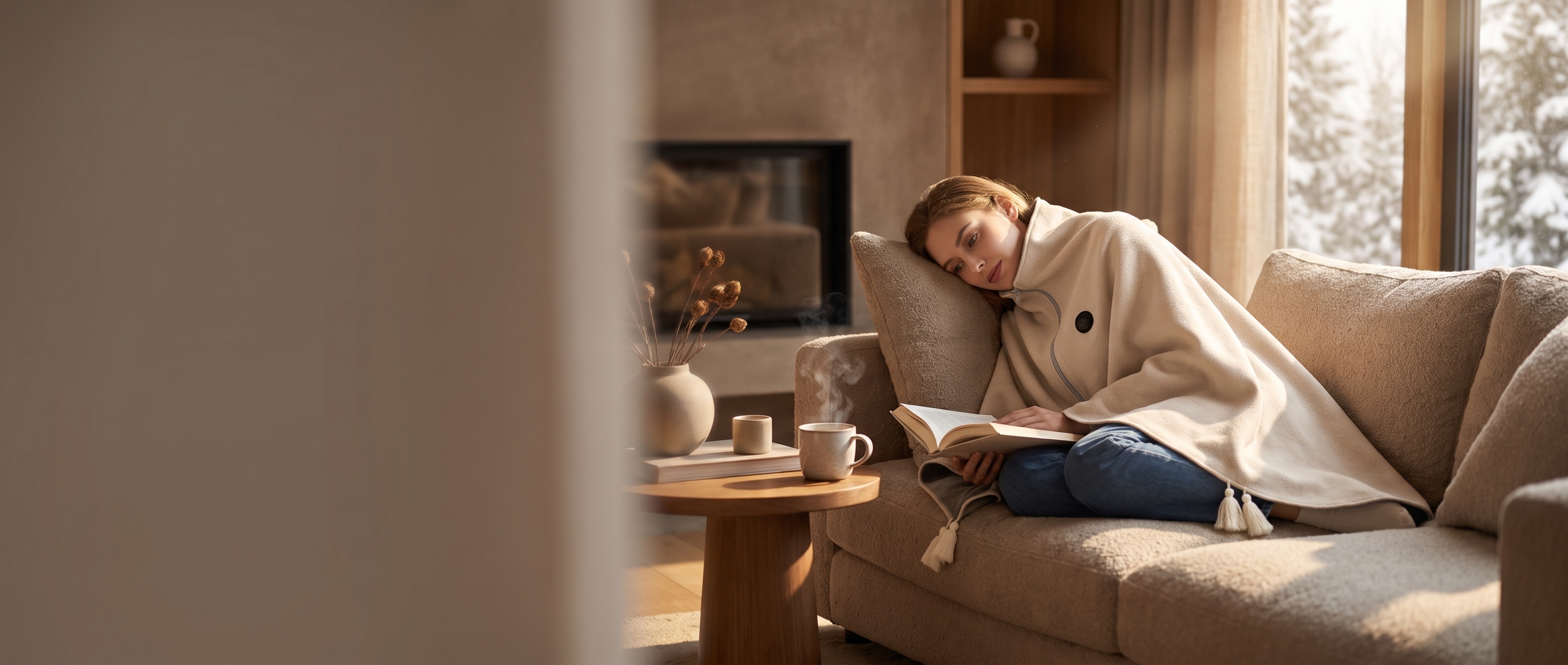 Woman relaxing on a sofa wearing the Abbraccio cream heated knit wrap