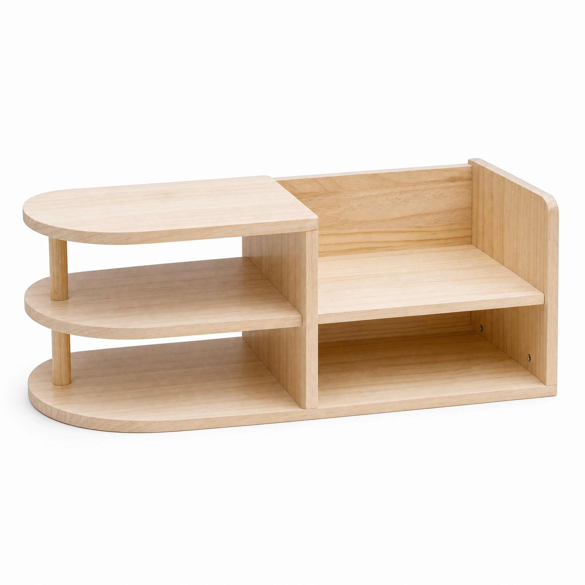 Two-tier pine Montessori shoe rack, alternate angle on white background