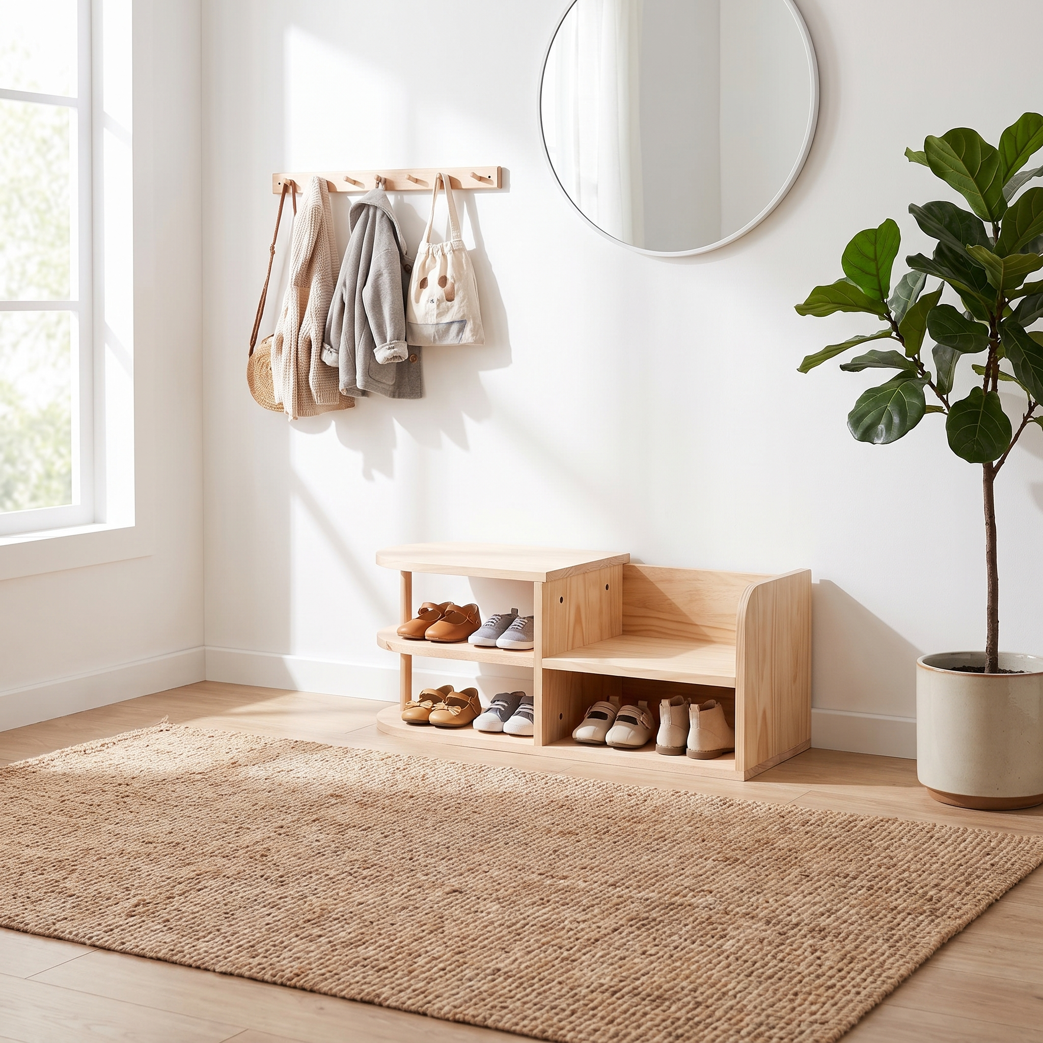 Piccolo Passo Montessori pine shoe rack in a bright entryway with children's shoes