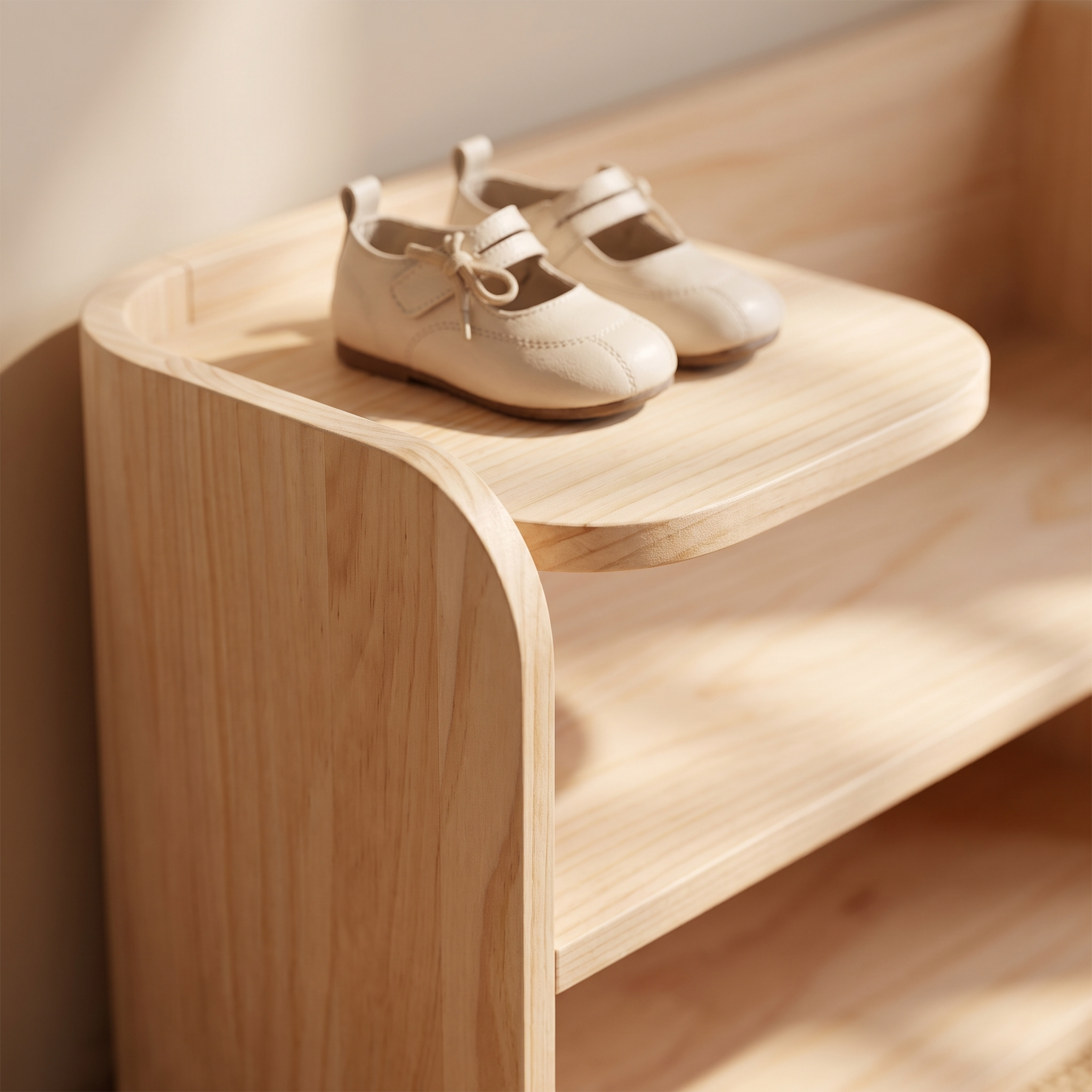 Close-up of the rounded corner and pine grain of the Piccolo Passo shoe rack