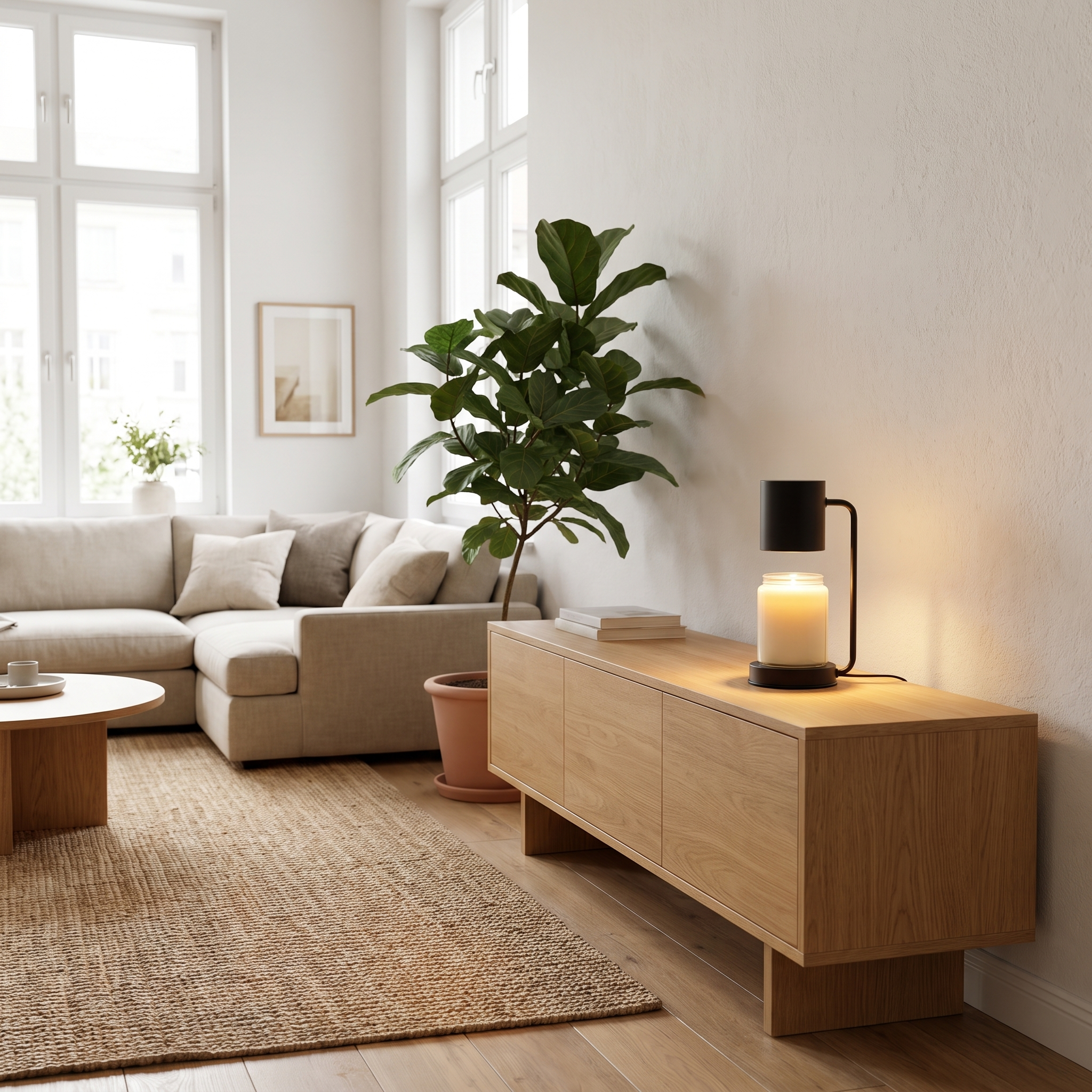 Black candle warmer lamp on a console in a bright living room