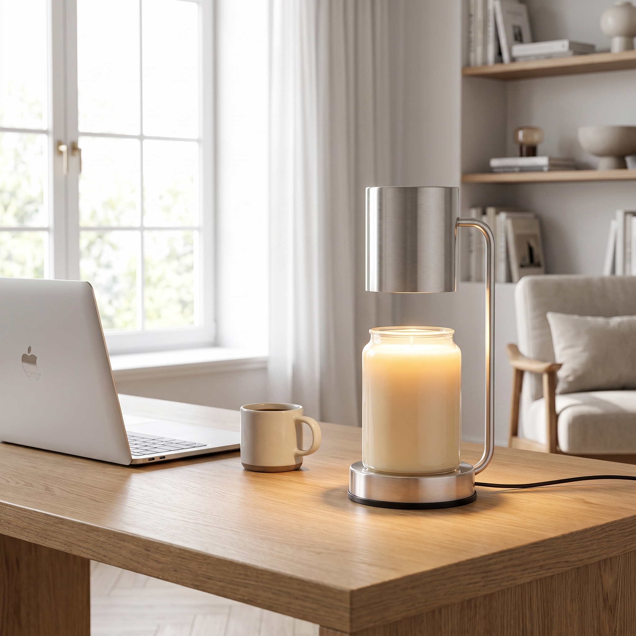 Stainless steel candle warmer lamp on a home office desk