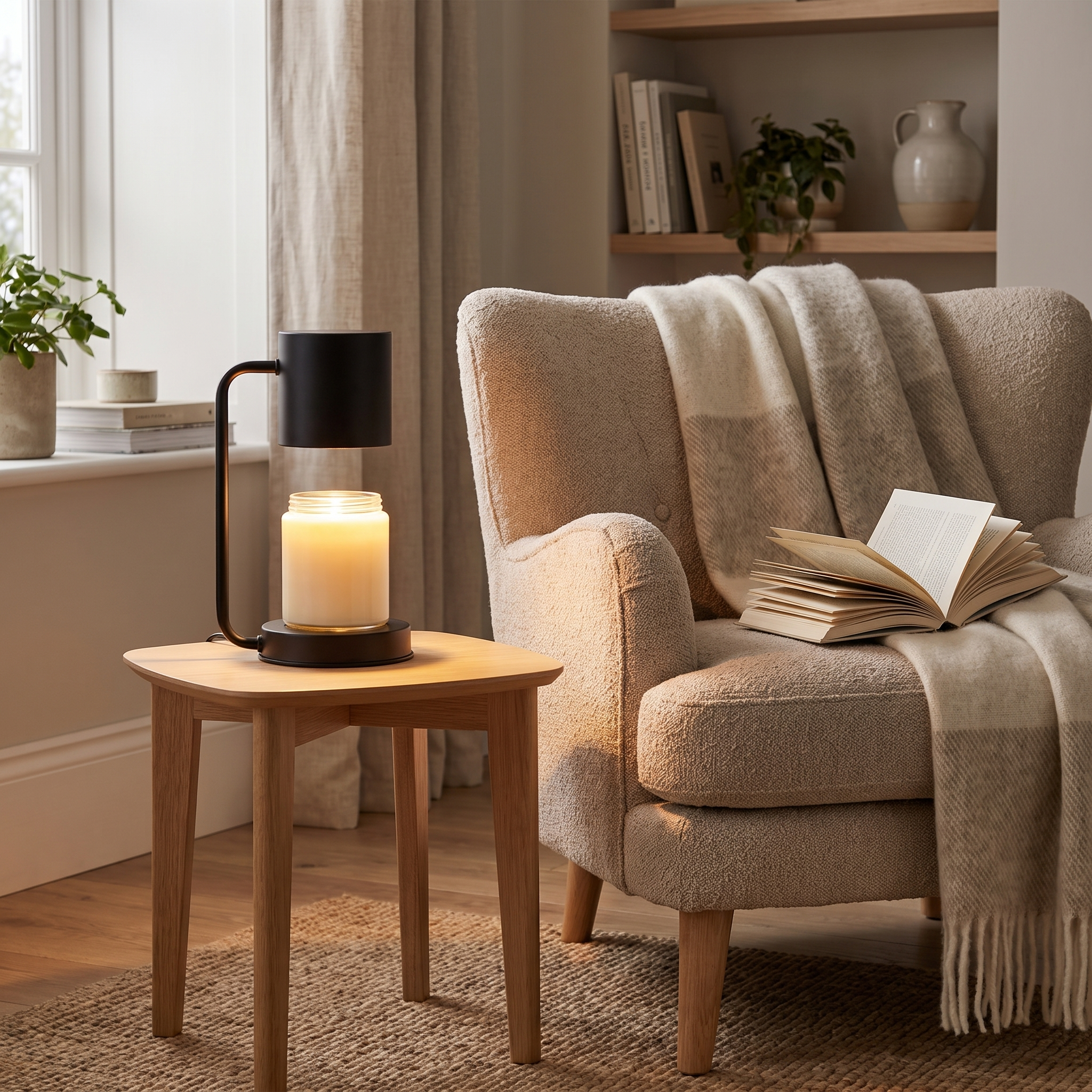 Black candle warmer lamp glowing in a cozy reading nook