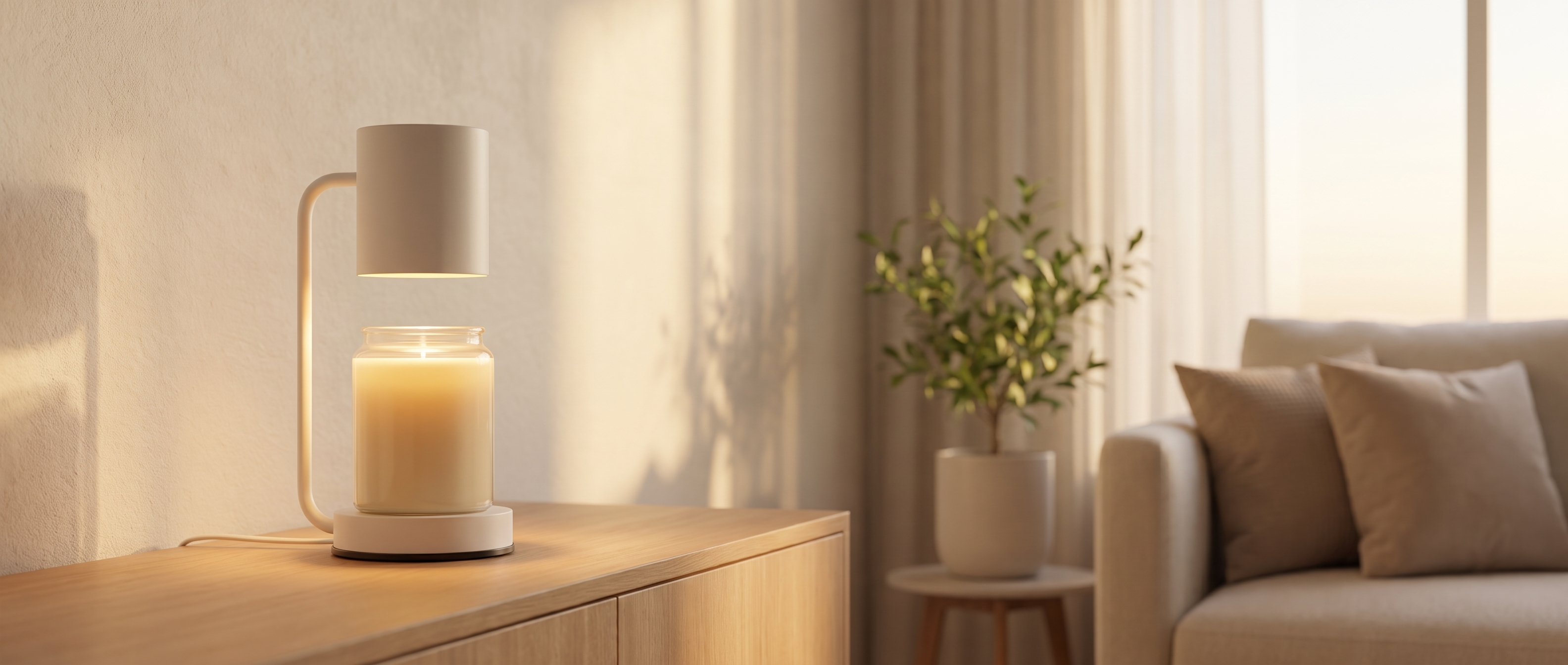 Tepore Dorato candle warmer lamp glowing warm in a living room banner