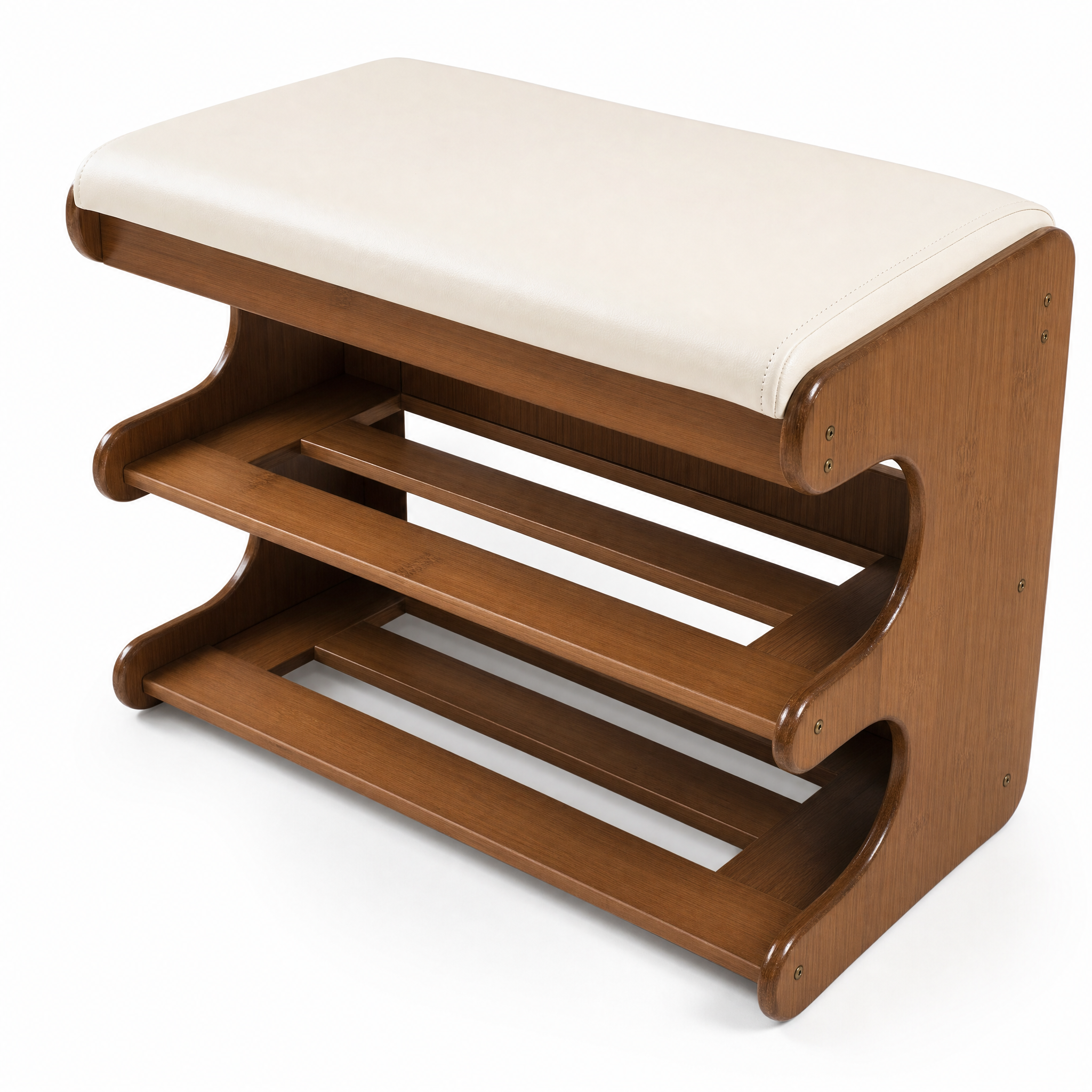 Onda Serena bamboo shoe bench on a white background, angled view