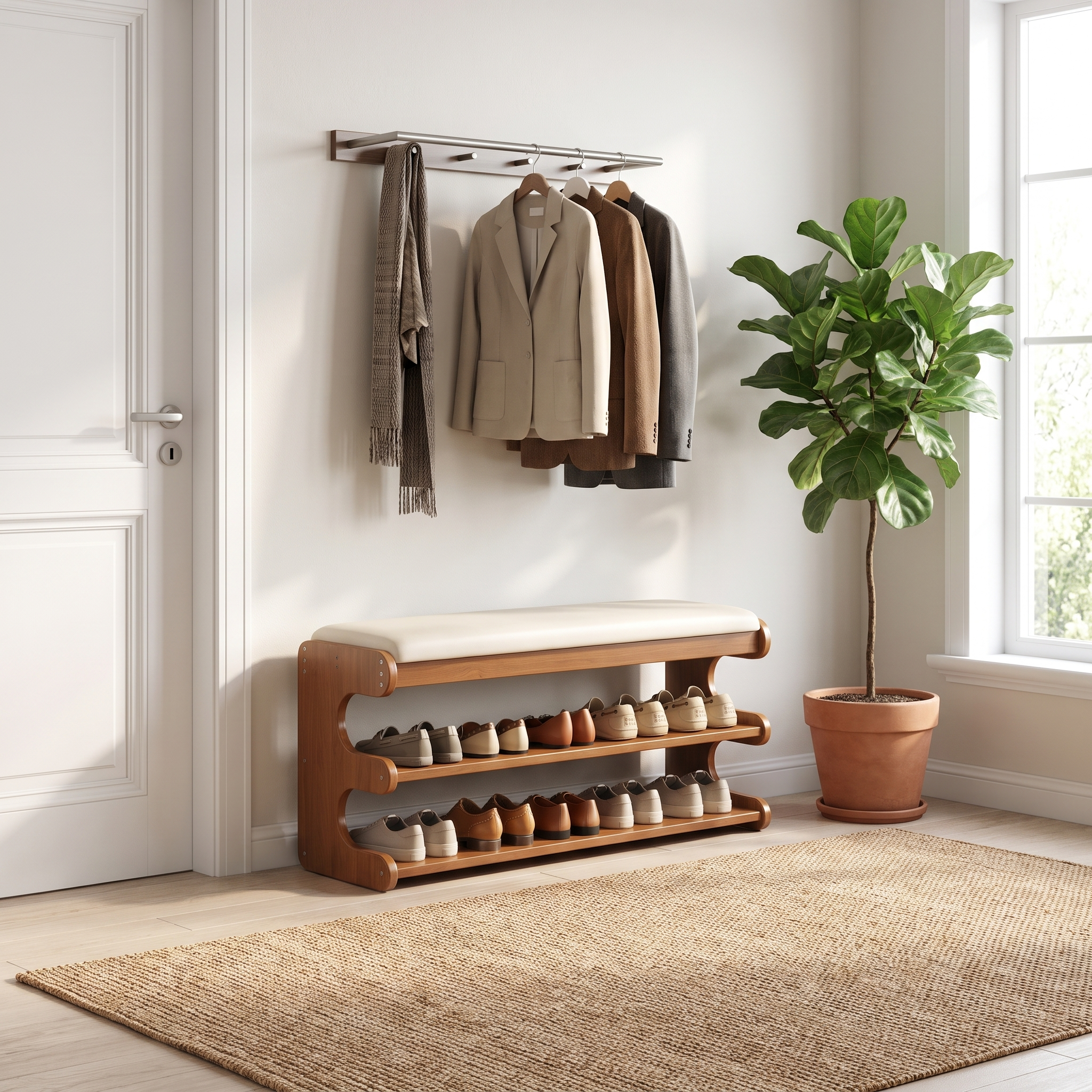 Onda Serena bamboo shoe bench in a bright entryway with coats and a plant