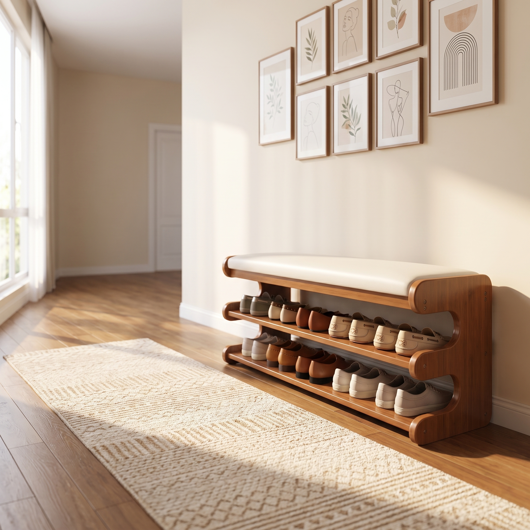 Bamboo shoe bench in a hallway below a gallery wall of framed art