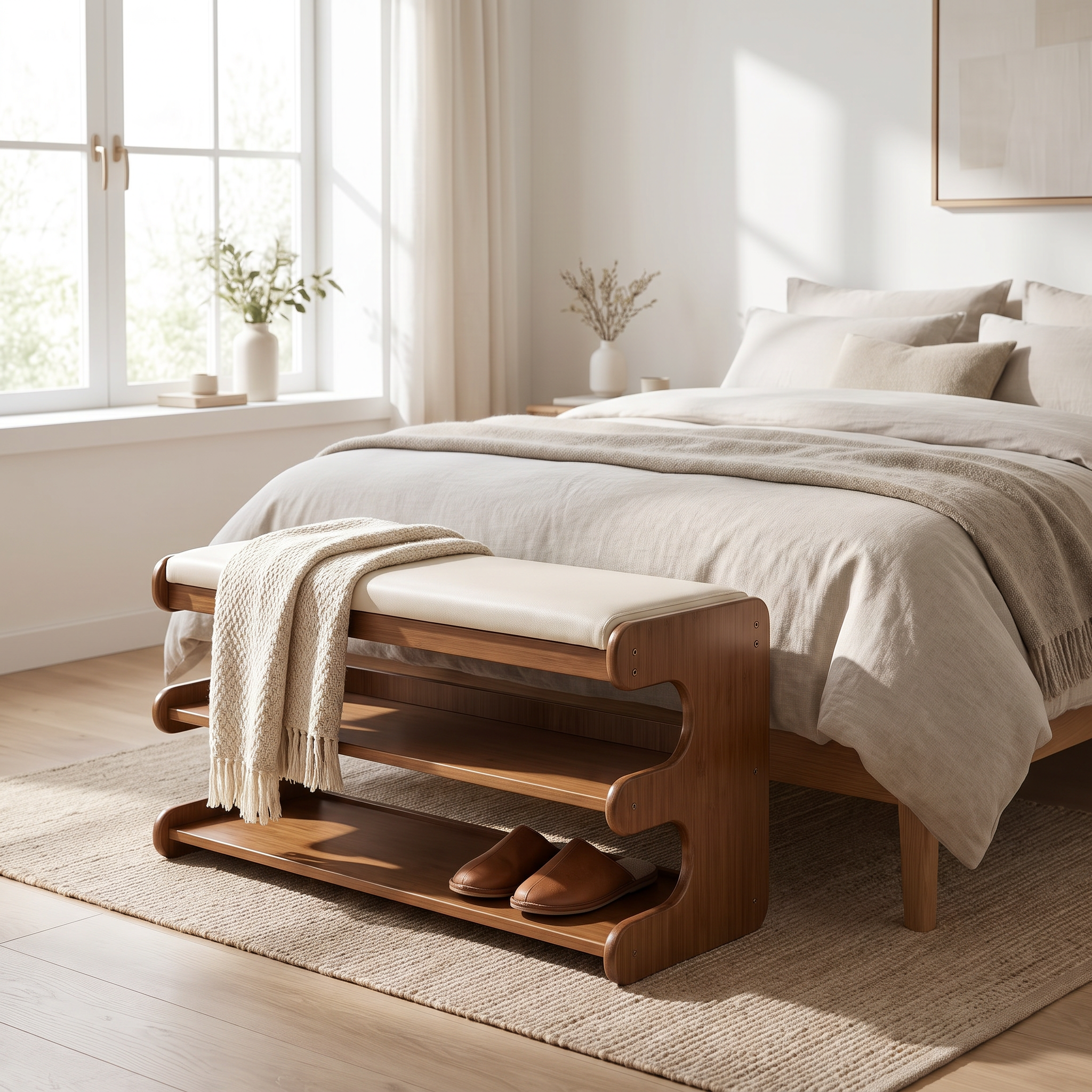 Bamboo shoe bench at the foot of a bed used as seating