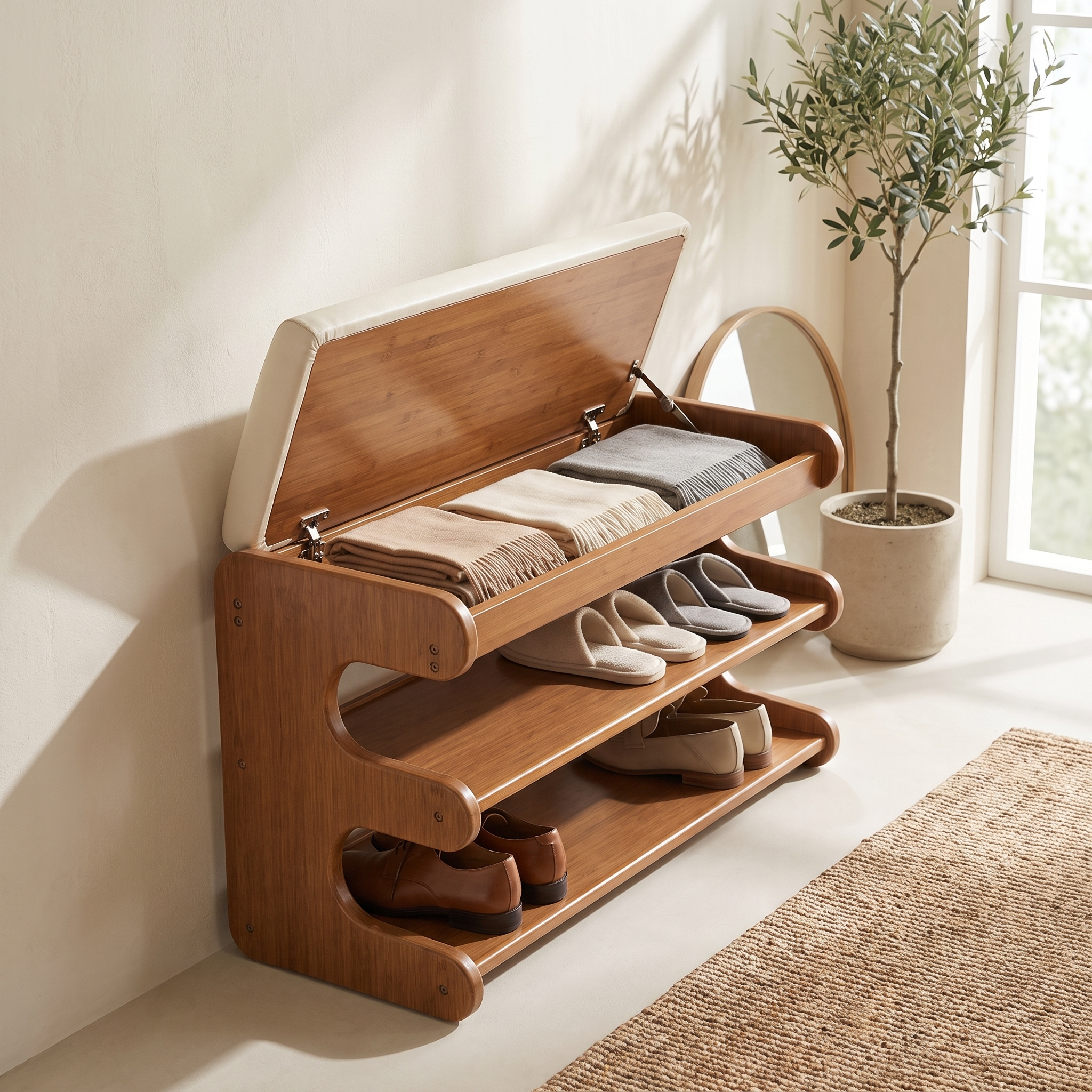 Bamboo shoe bench seat lifted to reveal hidden storage compartment
