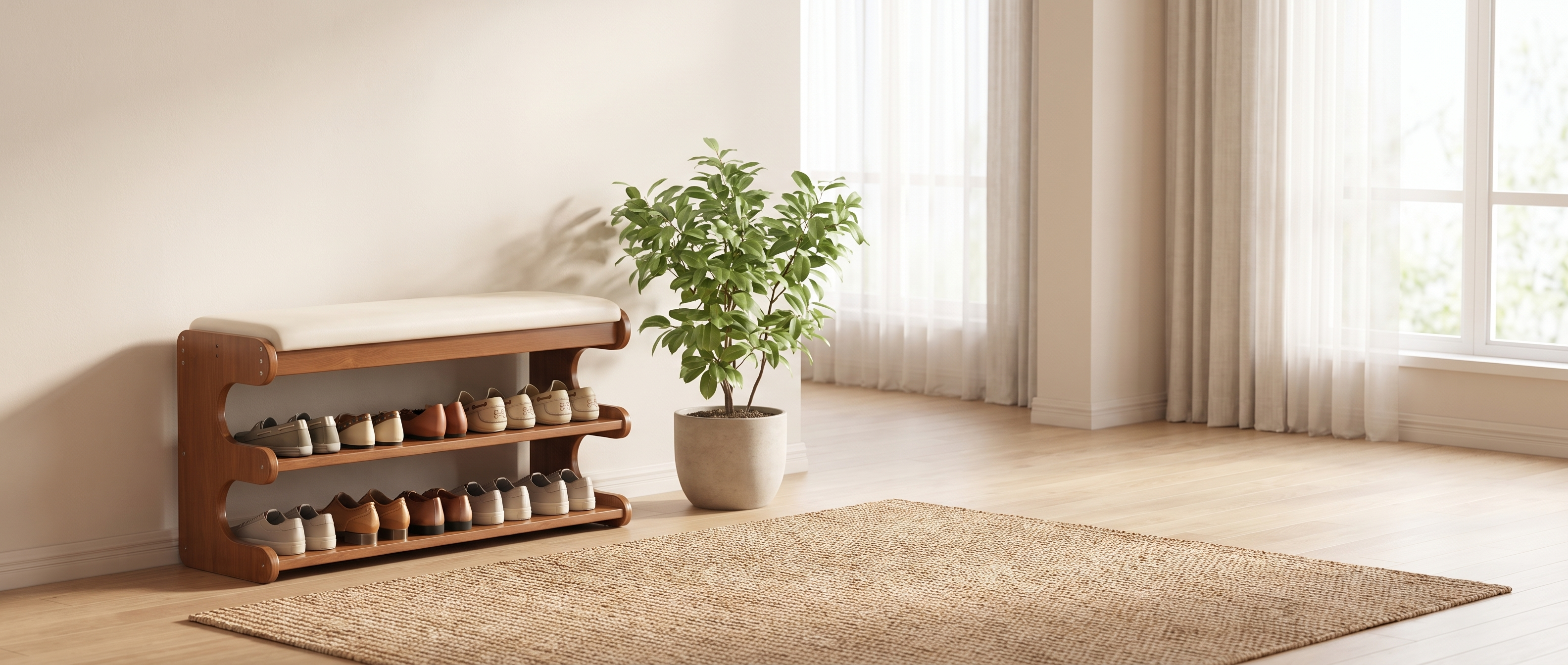 Onda Serena bamboo shoe bench in a bright entryway banner