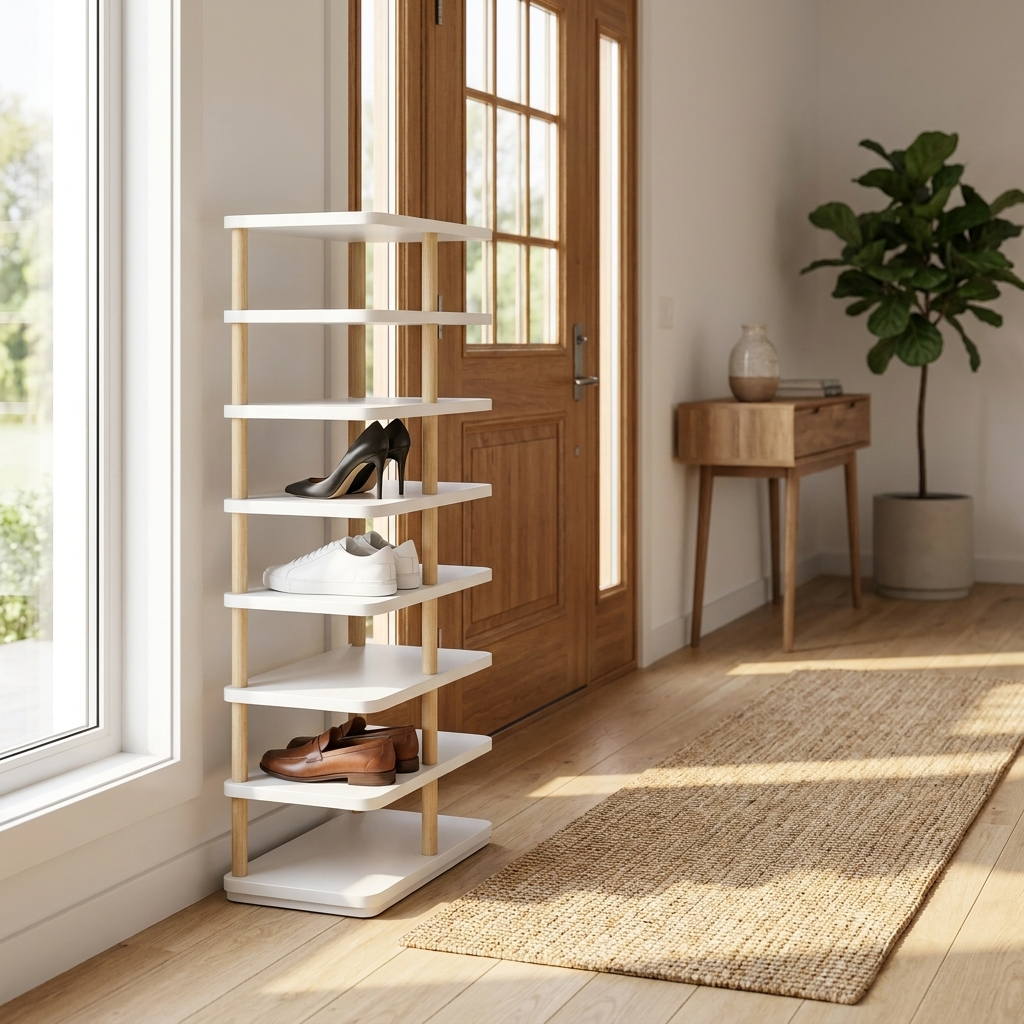 White Torre Snella shoe rack styled in a bright modern entryway