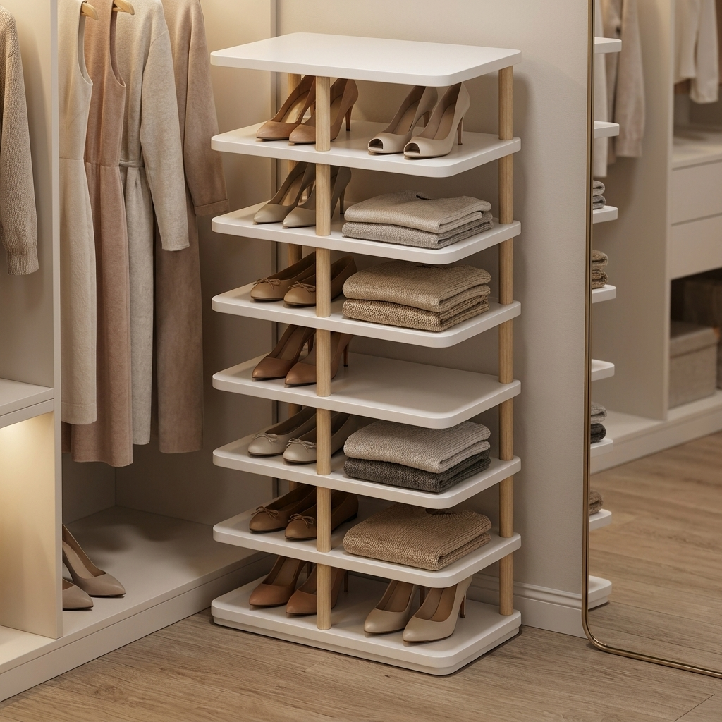 White Torre Snella shoe rack in a serene walk-in closet corner