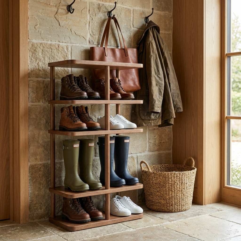 Walnut Torre Snella shoe rack in a stylish mudroom with boots and coats