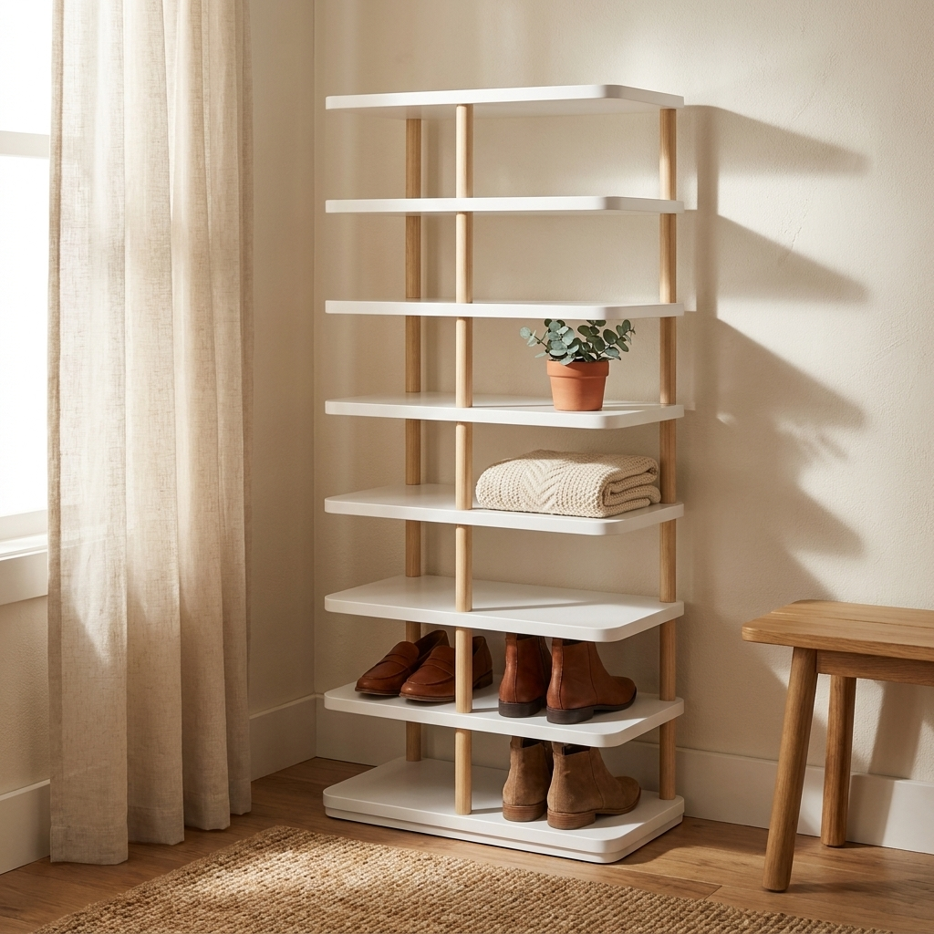 White Torre Snella shoe rack styled in a cozy corner nook with a plant