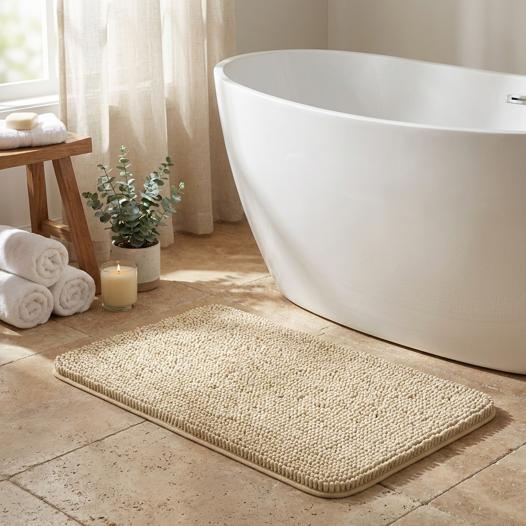 Beige Nuvola bath mat beside a freestanding tub in a spa-like bathroom