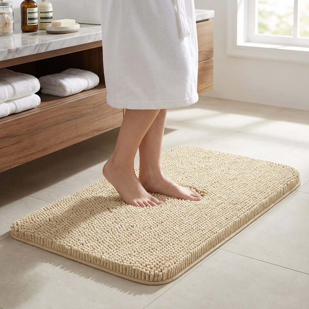 Bare feet sinking into the plush beige Nuvola bath mat at a vanity