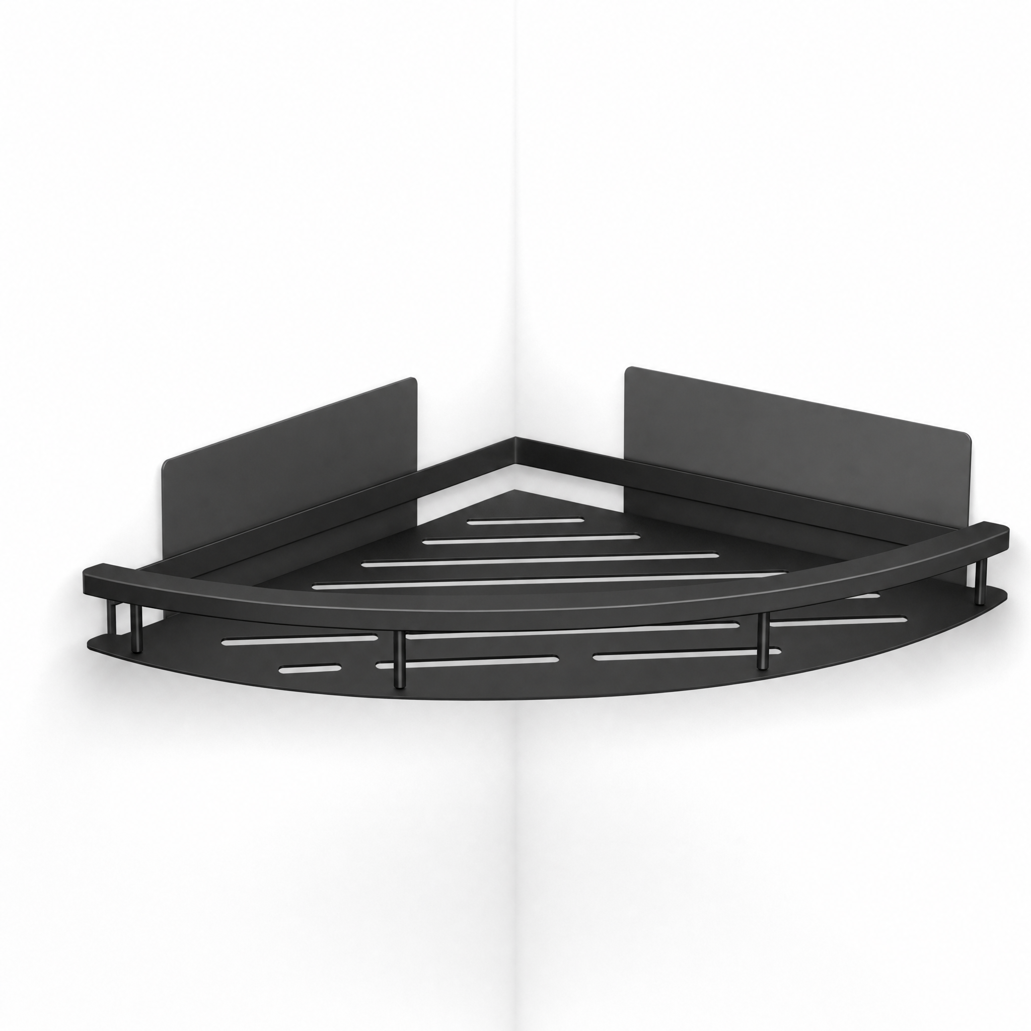 Sospesa corner bathroom shelf in matte black, studio white background