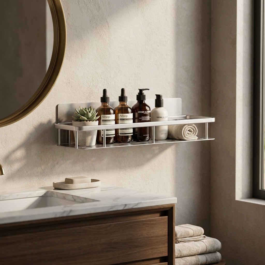 Brushed silver Sospesa straight shelf above a vanity with a round mirror
