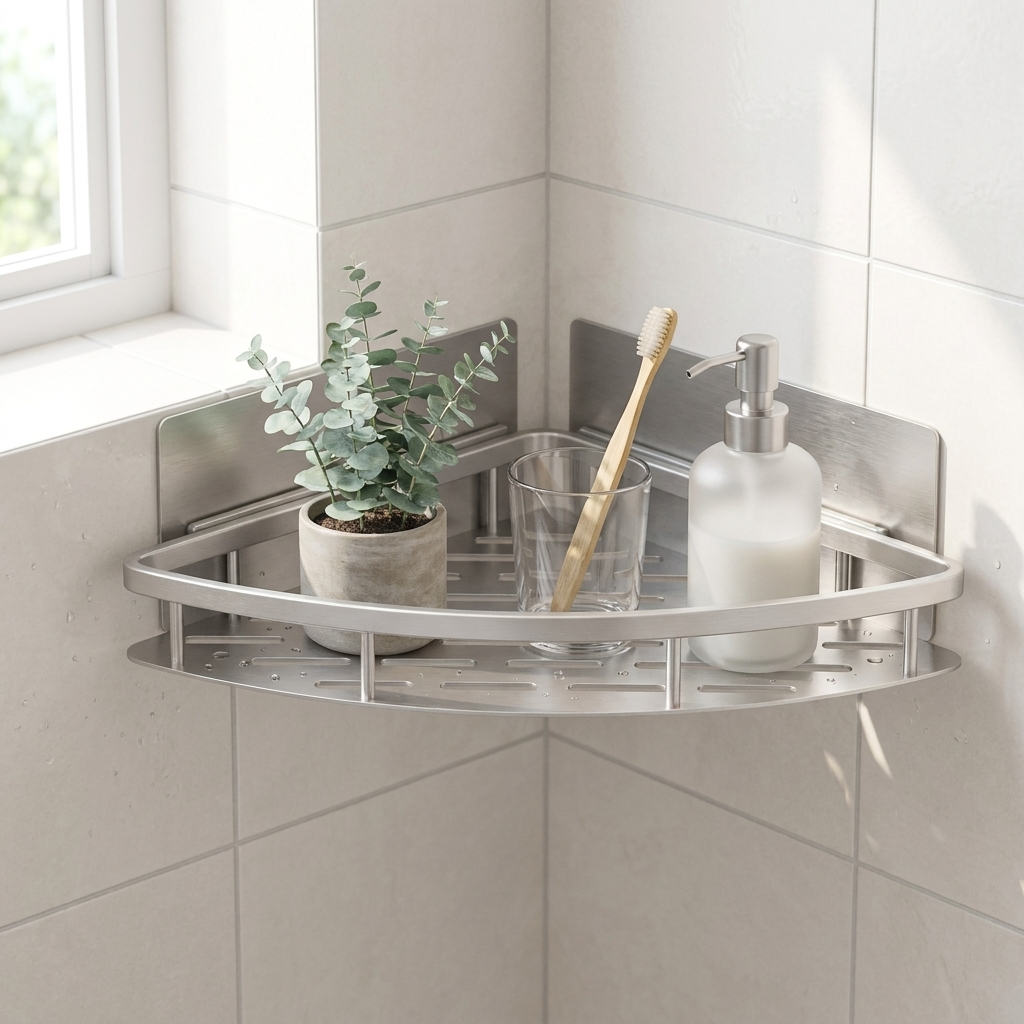Brushed silver Sospesa corner shelf in a bright minimalist bathroom
