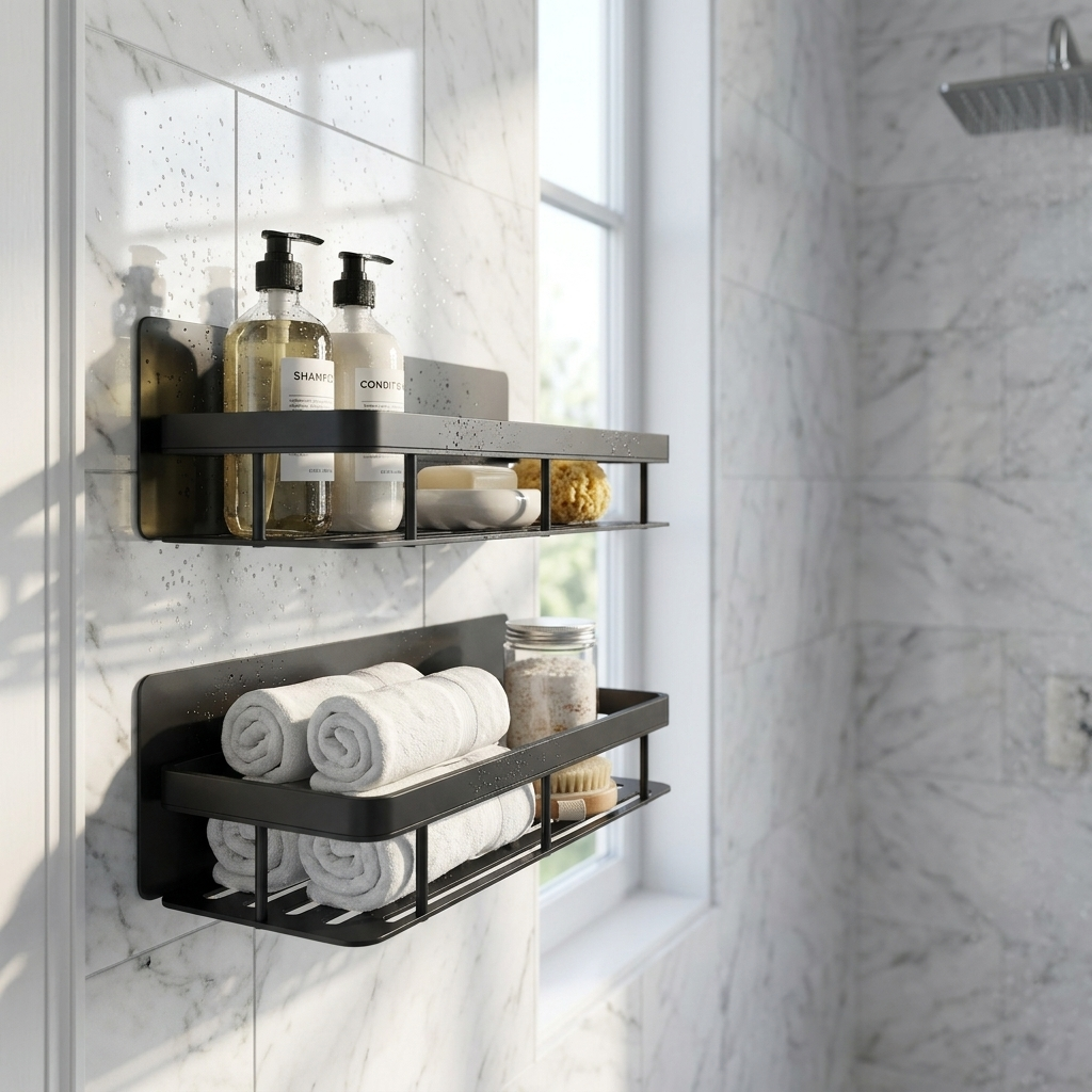 Two black Sospesa straight shelves mounted at adjustable heights on a shower wall