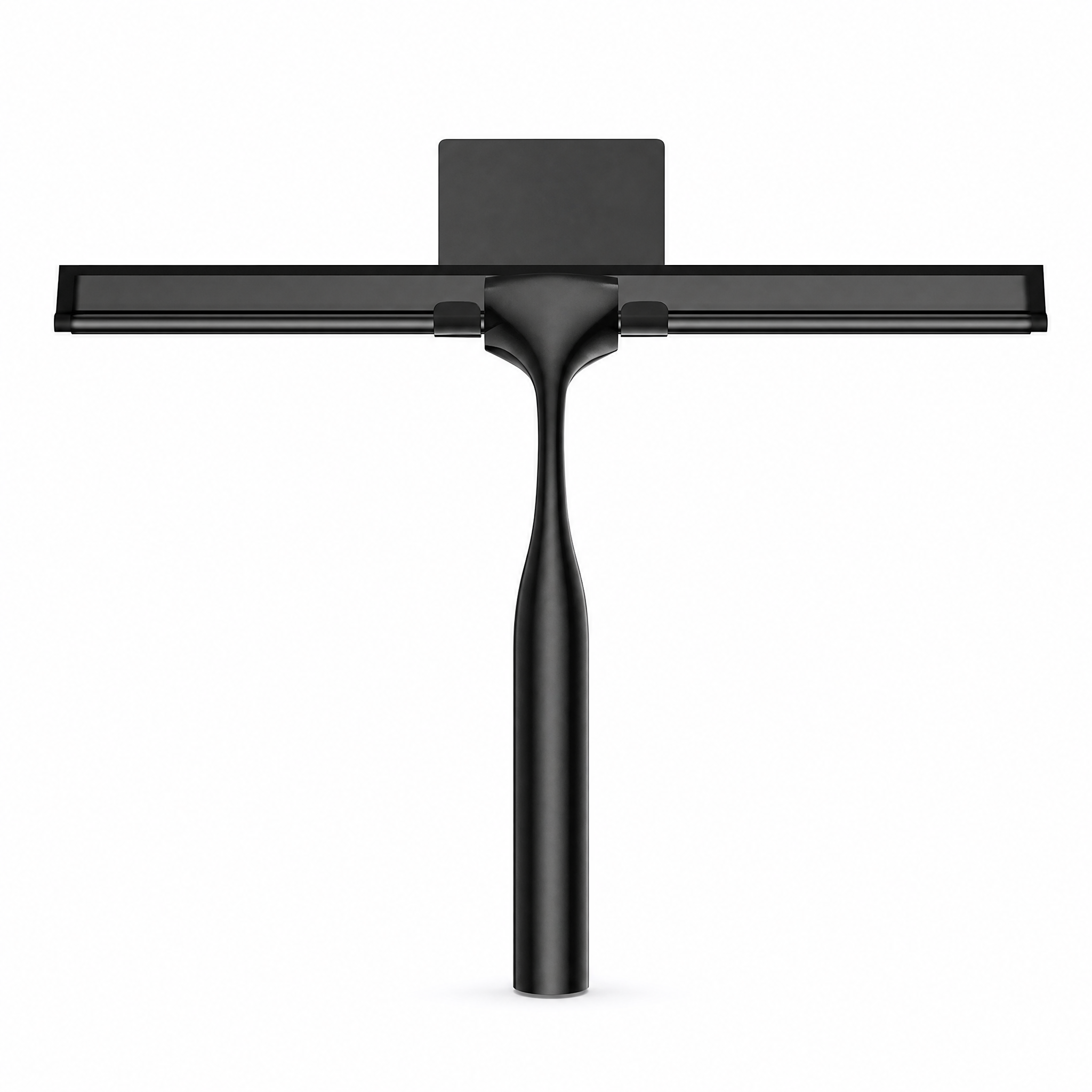 Matte black shower squeegee with wall hook on a white background