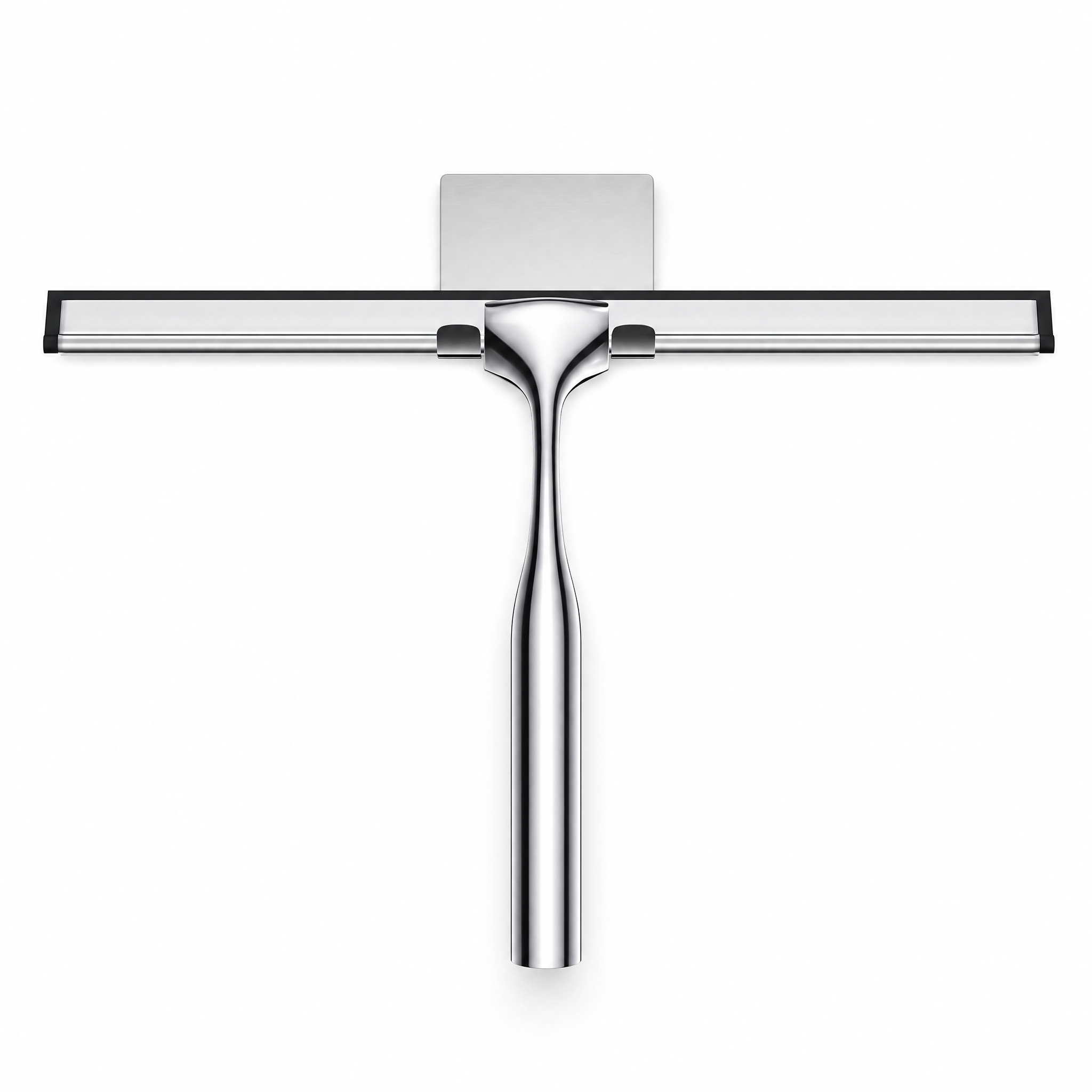 Polished chrome shower squeegee with wall hook on a white background