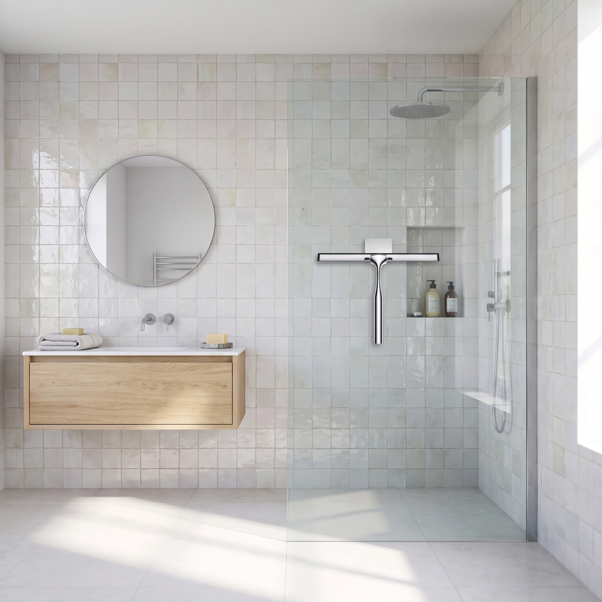 Chrome shower squeegee hanging on the glass shower screen of a minimalist bathroom