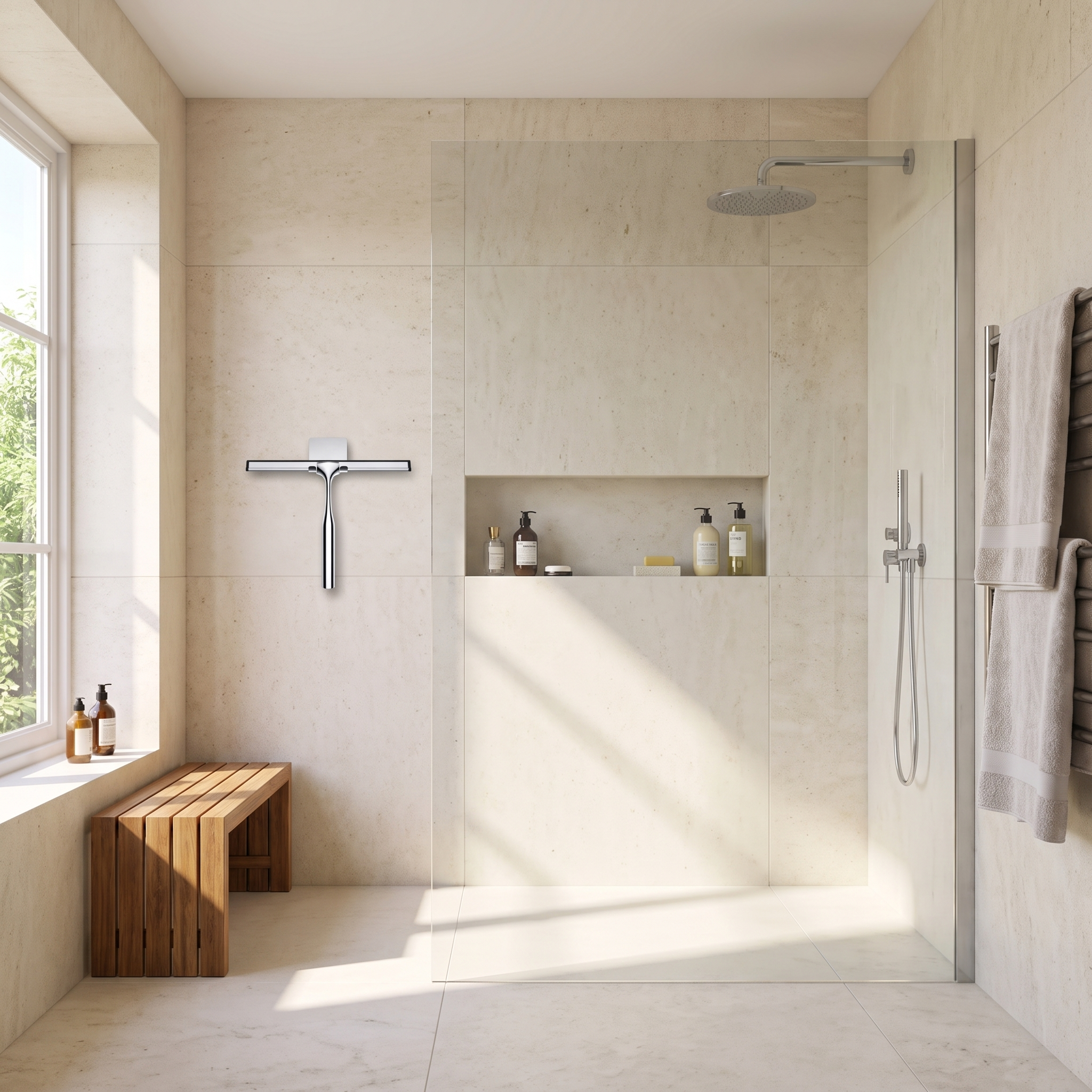 Chrome shower squeegee on a limestone wet room wall beside a teak bench