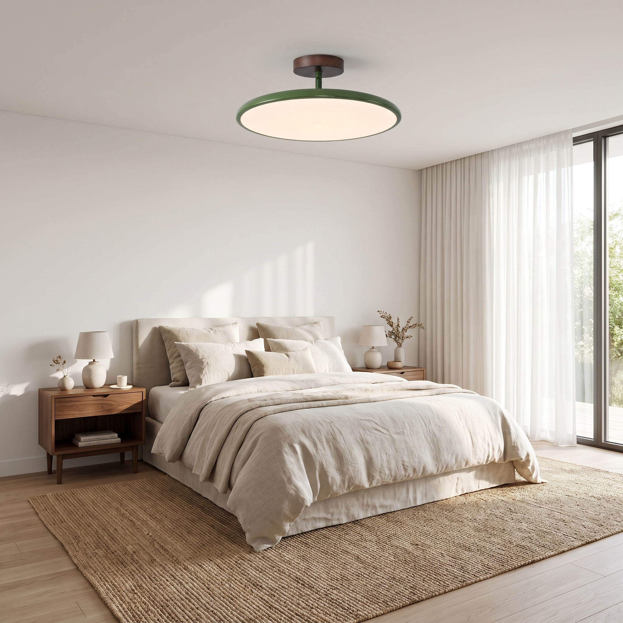 Green saucer ceiling light in a calm linen bedroom