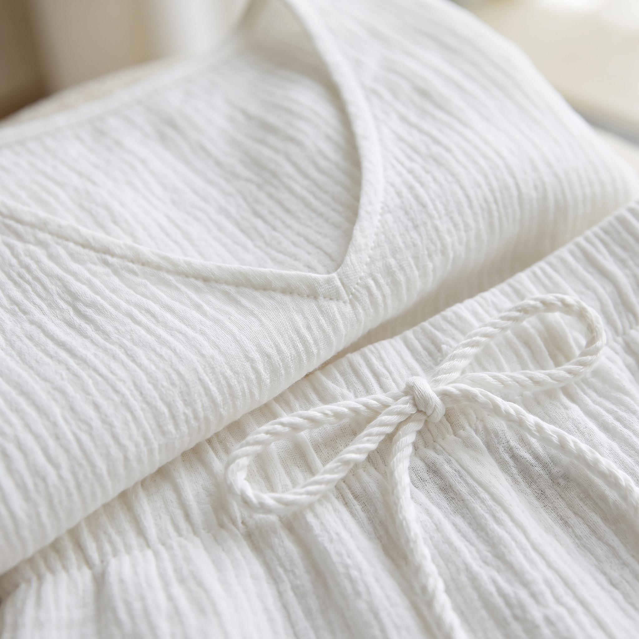 Macro detail of the crinkled cotton gauze weave and drawstring tie