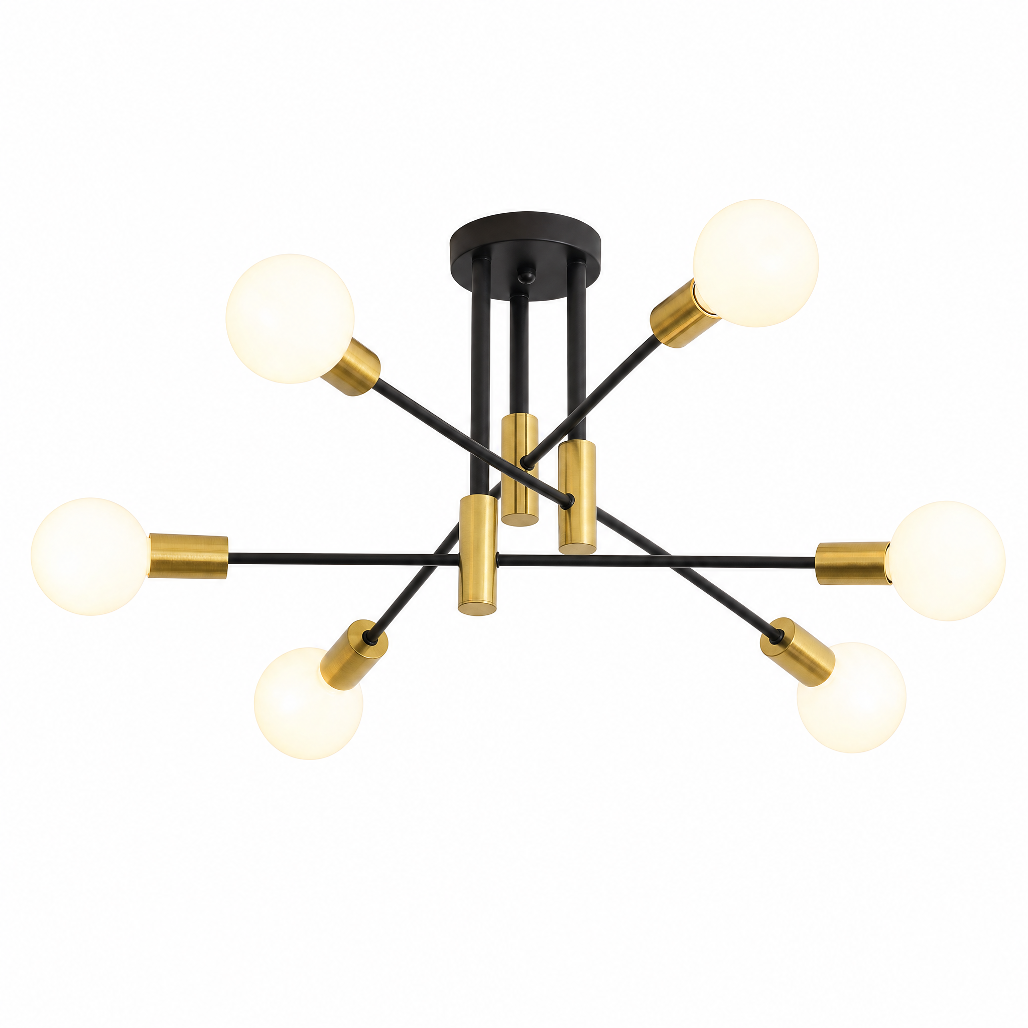 Black and gold 6 light sputnik ceiling light on a white background