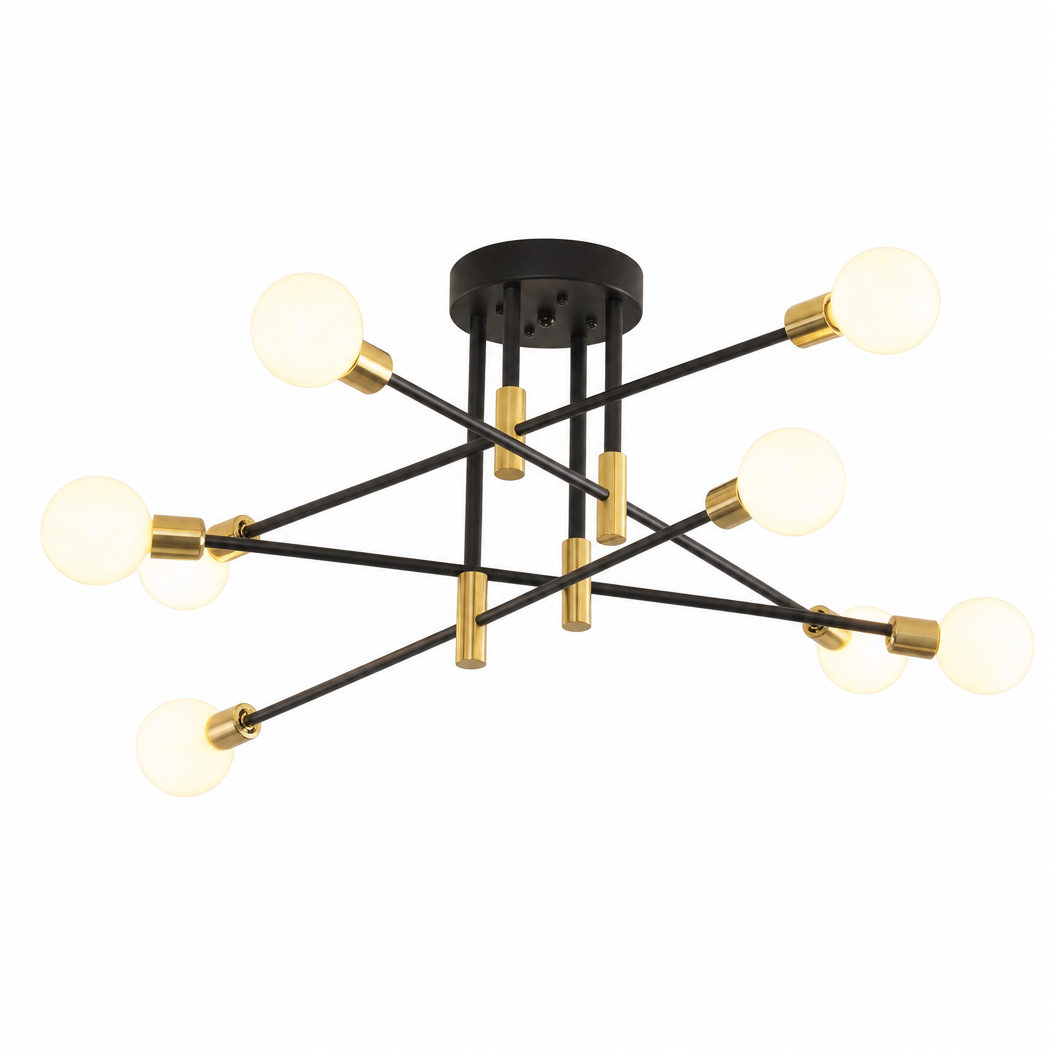 Black and gold 8 light sputnik ceiling light on a white background
