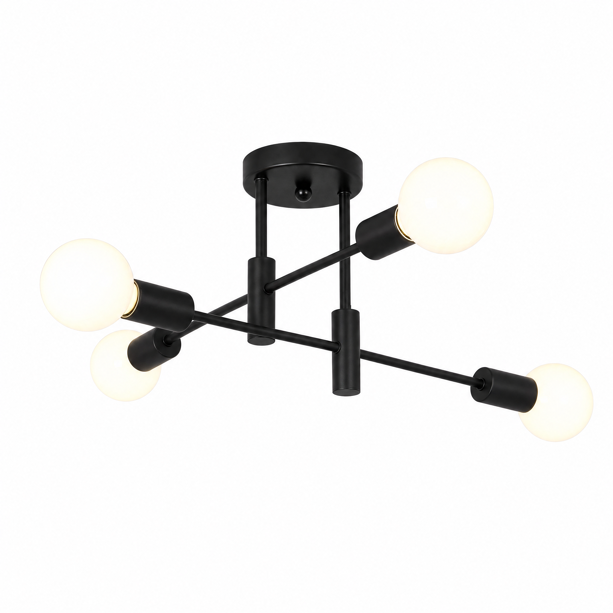 Matte black 4 light sputnik ceiling light on a white background