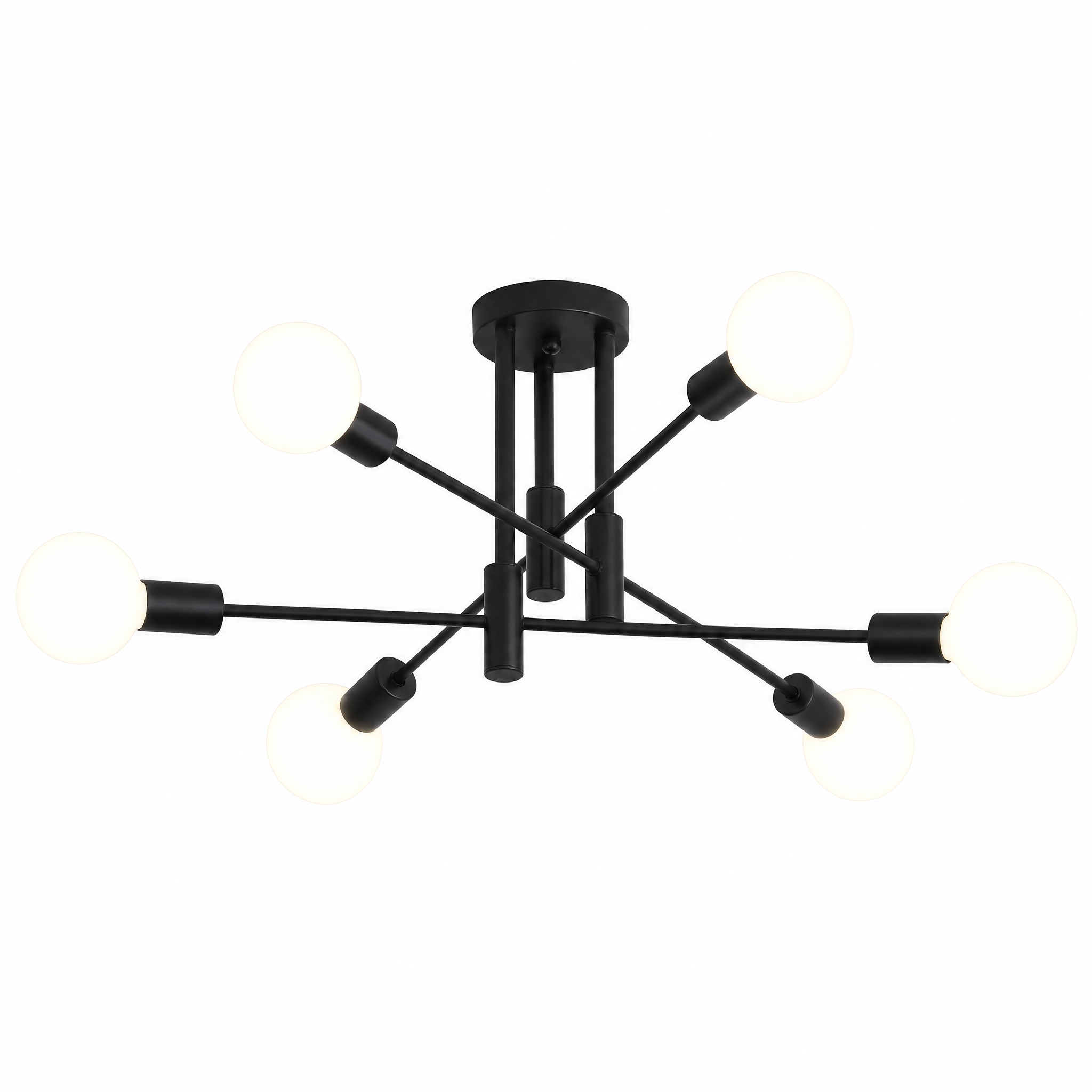 Matte black 6 light sputnik ceiling light on a white background